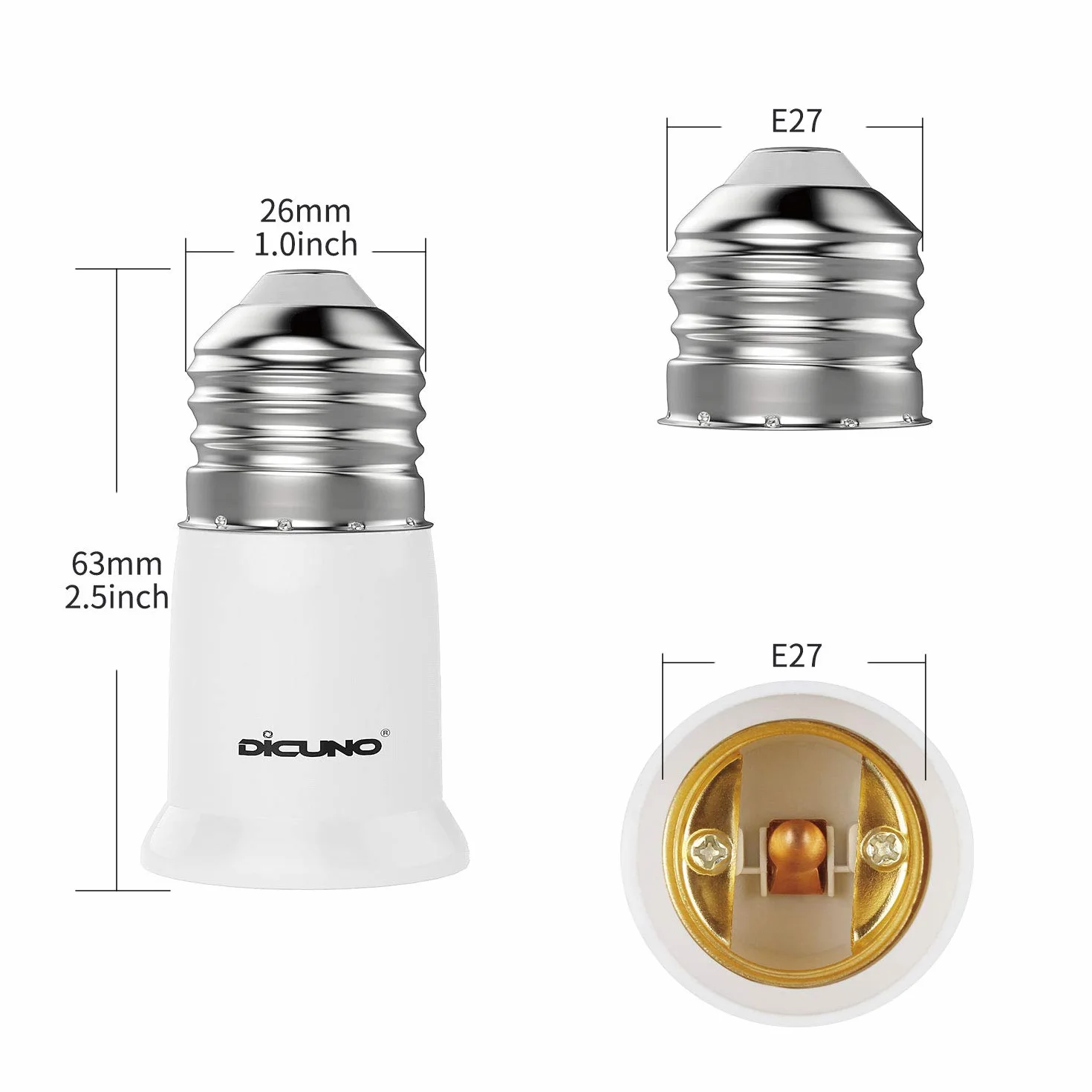 DiCUNO E27 do E27 adapter podstawowy 3 cm przedłużenie, standardowy przedłużacz gniazda lampy, przedłużacz żarówki, adapter uchwytu lampy, opakowanie 6 szt