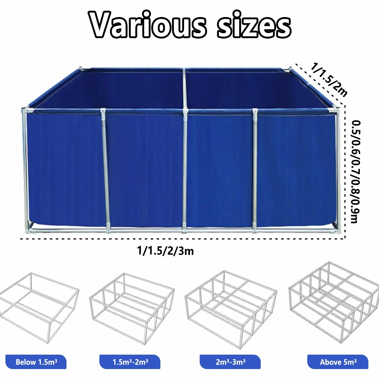 Akwarium zewnętrzne - Duży zbiornik na karp Koi i żółwie, PVC ze stalową ramą, niebieski, 1 x 1 x 0,6 m (3,3 x 3,3 x 1,9 stóp)