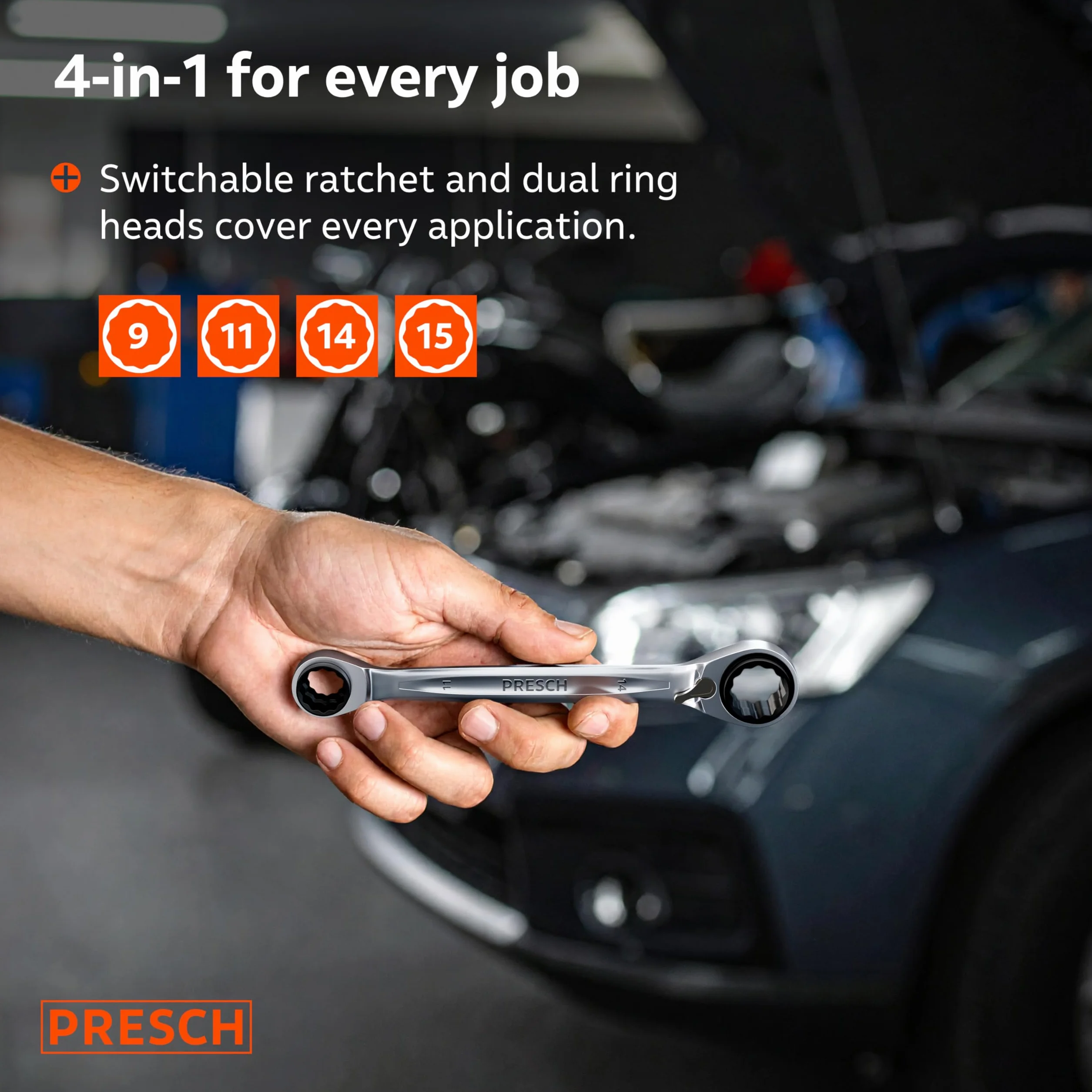 Presch Podwójny klucz grzechotkowy 4 w 1 (9/11 mm i 14/15 mm) – Przełączalna funkcja grzechotki – Precyzyjnie wykonane, 90 zębów i kąt powrotu 4° – 4 rozmiary w jednym kluczu