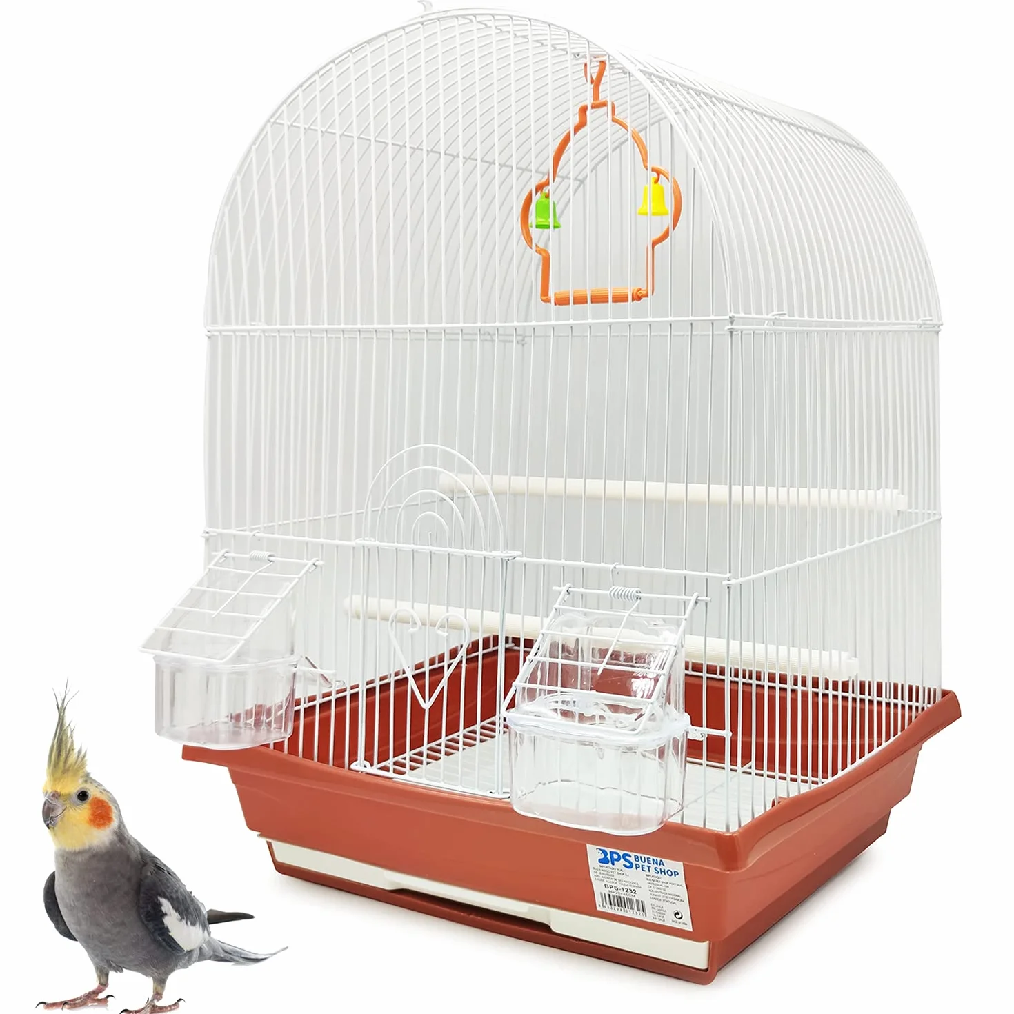 BPS BUENA PET SHOP Klatka dla ptaków na papugę kanarkową z karmnikiem, miska do picia, 2 wieszaki, huśtawka, trwała, brązowa, 34,5 x 28 x 49,5 cm