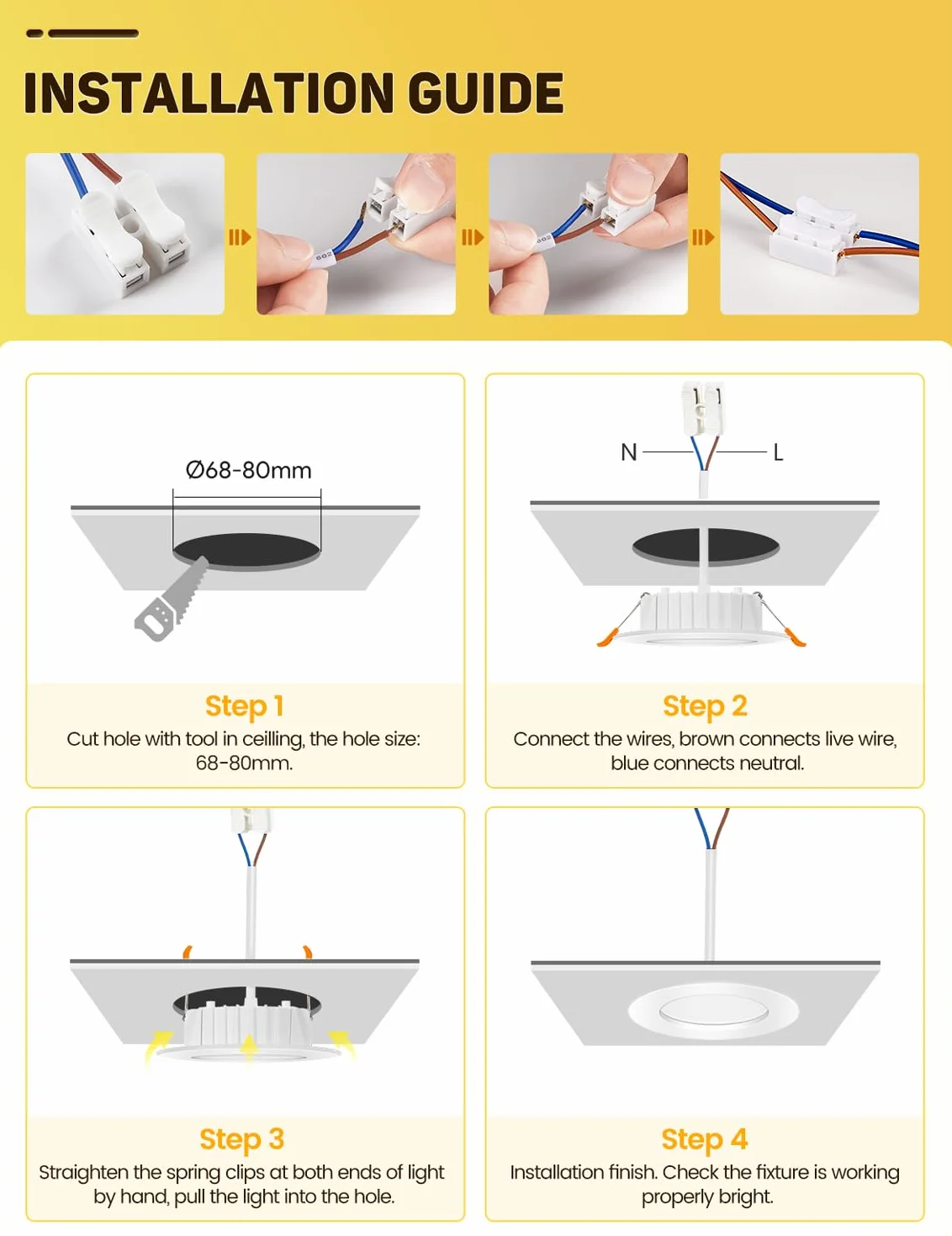 Reflektor LED do zabudowy 230 V, 6 W, płaski reflektor sufitowy, IP44, neutralna biel 4000 K, 600 lm, 68-80 mm Ø do zabudowy, do łazienki, kuchni, salonu, korytarza, zestaw 6 sztuk