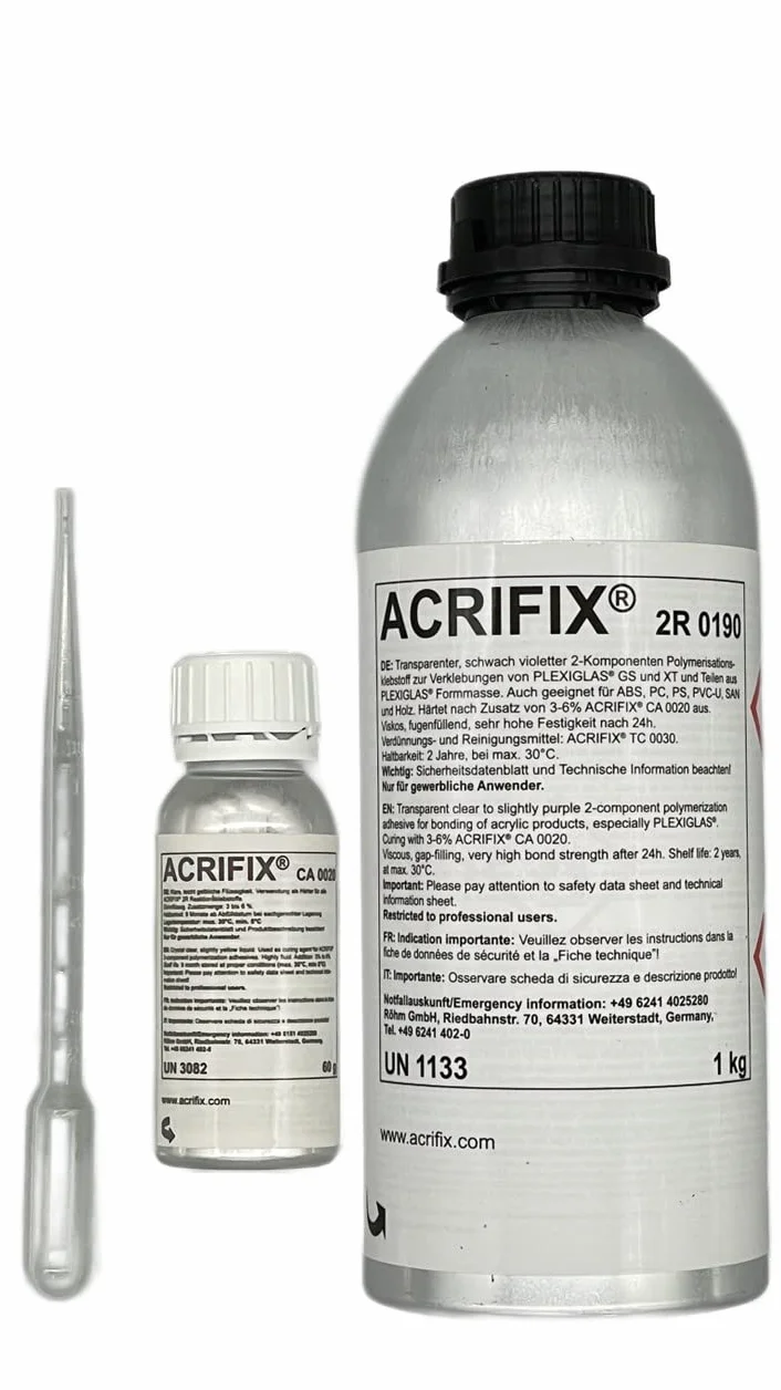 ACRIFIX® Zestaw 2R0190 Klej do Szkła Akrylowego i CA0020 Utwardzacz Katalizator PMMA 2-K Reakcyjny Bezbarwny - do Tworzywa Sztucznego Poliwęglan