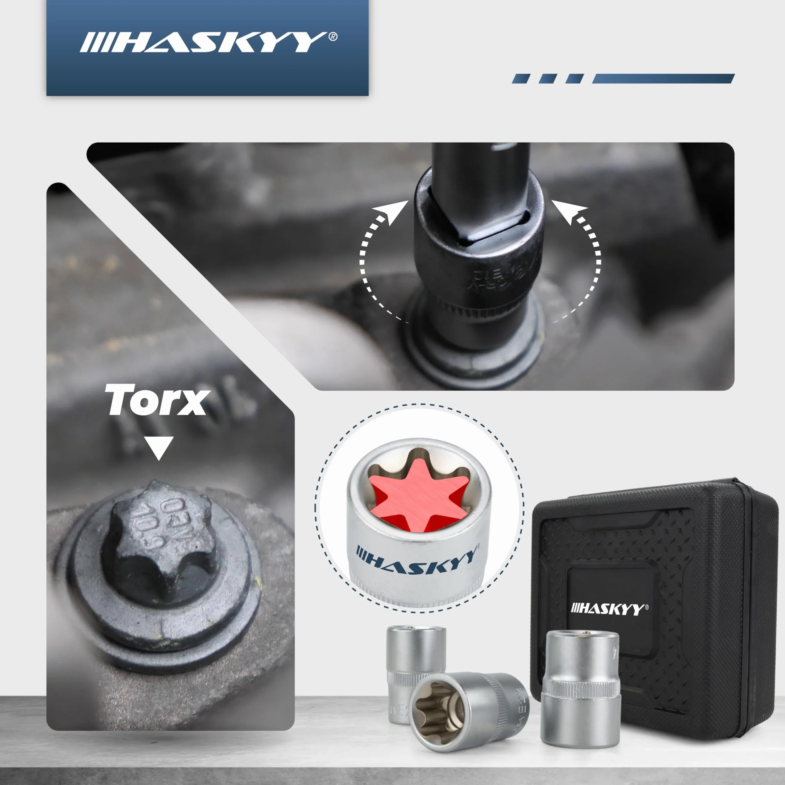 HASKYY Zestaw nasadów Torx 14-częściowy Profil E E4-E24 1/4 3/8 1/2 cala