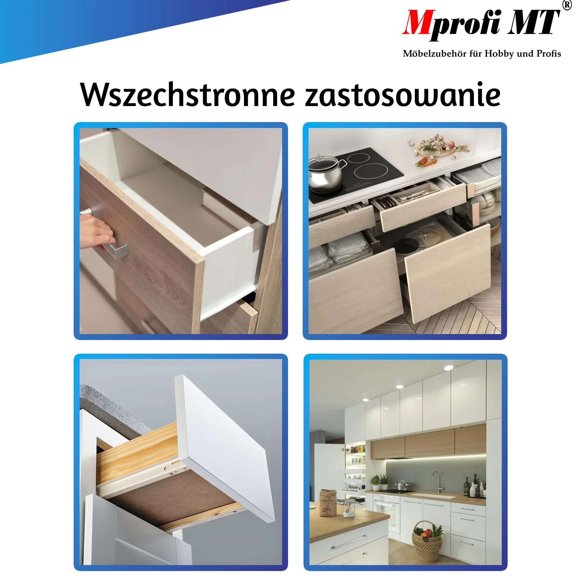 Mprofi MT® 2 Sztuki, 1 Para | Prowadnice Rolkowe 250mm | Częściowy Wysuw | Nośność 30kg | Białe Szyny do Szuflad | Akcesoria Meblowe