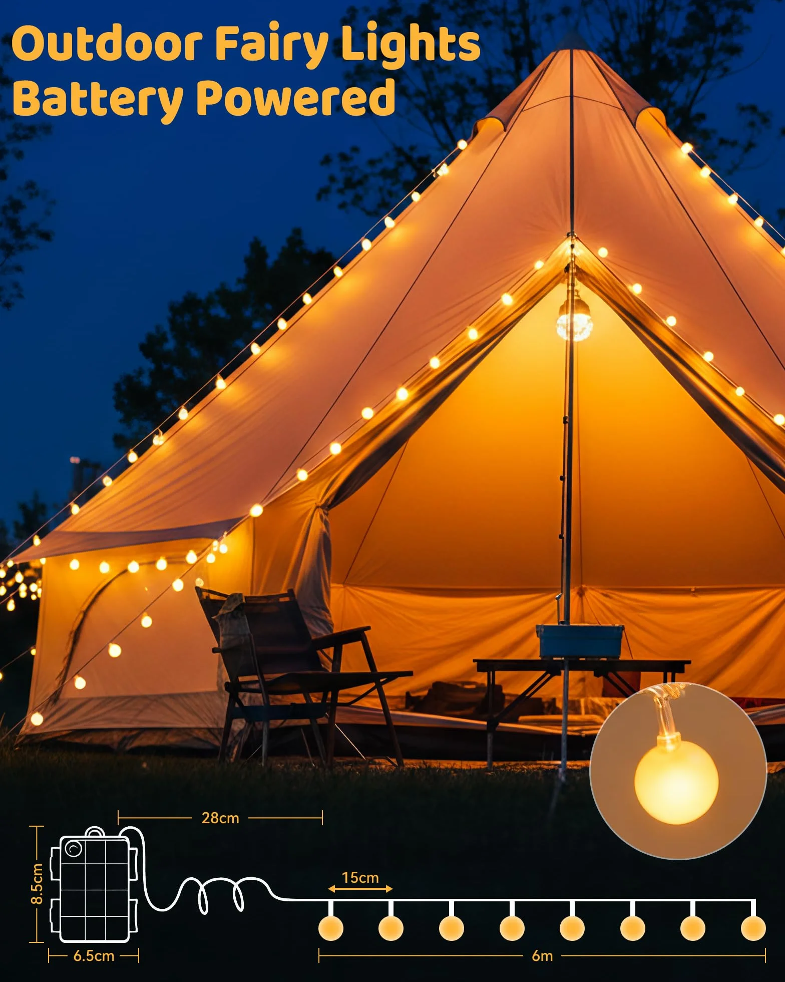 Łańcuch świetlny LED Globe na zewnątrz, 6 m, 40 kulek, zasilany bateriami, 8 trybów zmiany światła, IP65, wodoszczelne kule do sypialni, na balkon, do pokoju dziecięcego, dekoracja choinki, ciepła