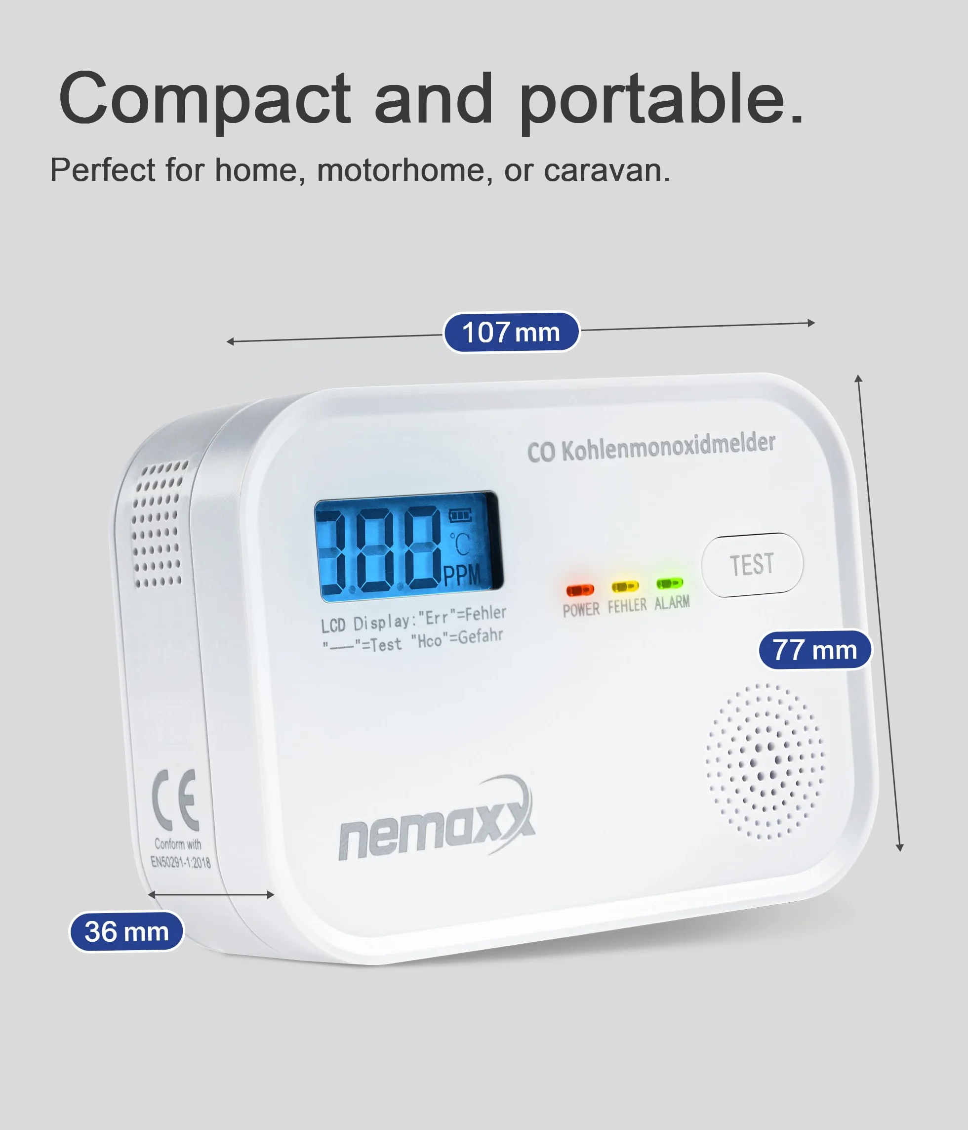 NEMAXX CM18 Czujnik Tlenku Węgla Alarm CO z Wyświetlaczem LCD 85 dB Sensor Elektrochemiczny EN 50291-1:2018 Zestaw 3 szt.