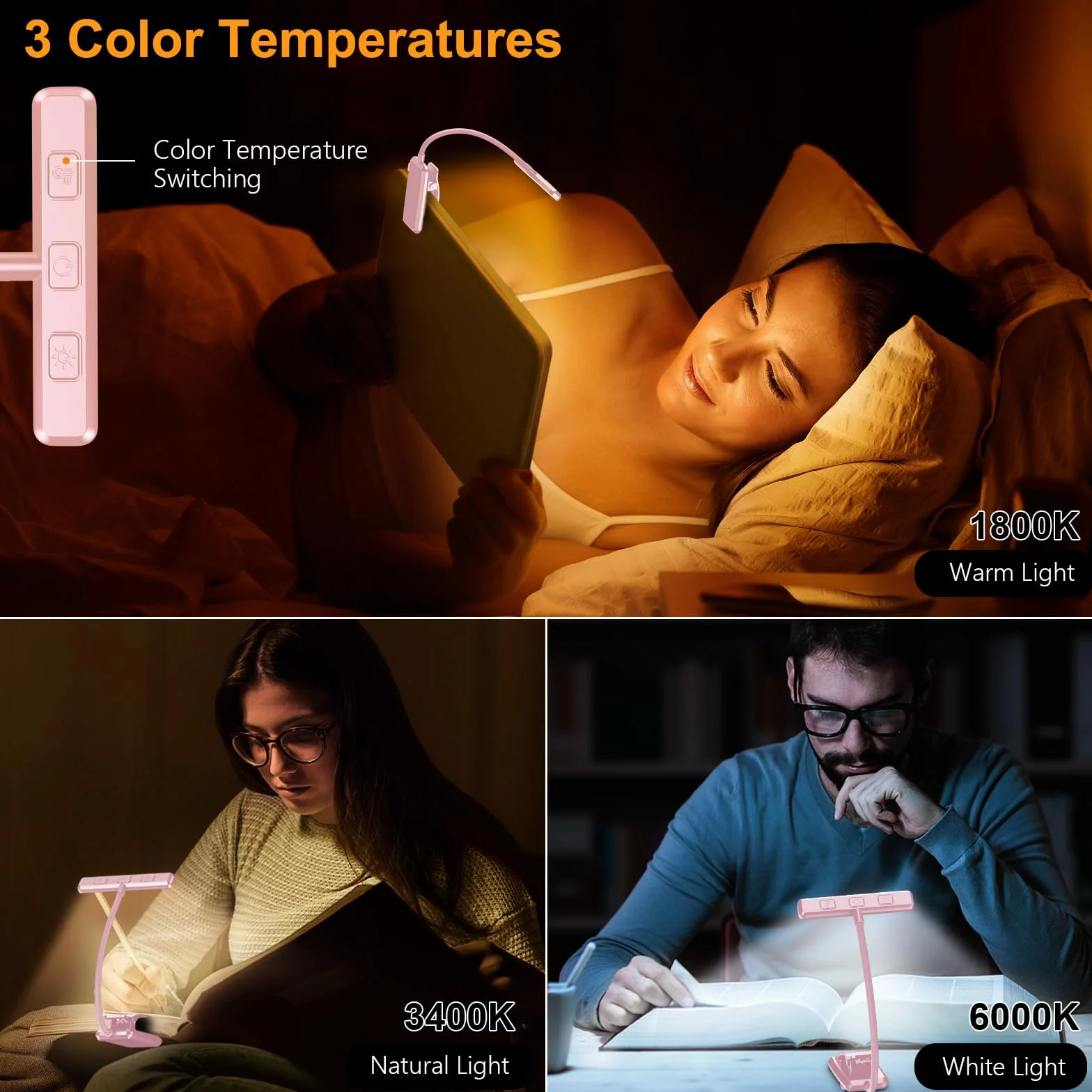 Gritin Lampka do Czytania 19 LED, Ładowana Przez USB, 3 Tryby Temperatury Barwowej, Długa żywotność baterii, Płynna Regulacja Jasności, Elastyczna Lampka Zaciskowa 360° do Czytania w Łóżku -Różowy