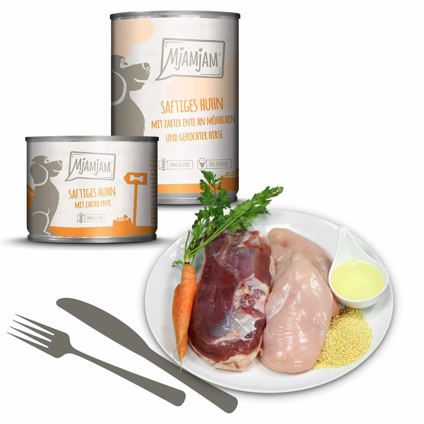 MjAMjAM - Wysokiej jakości mokra karma dla psów – zestaw mieszany II – z kurczakiem i kaczką, wołowiną, indykiem, jagnięciną, 6 sztuk (6 x 400 g), bez zbóż, z bardzo dużą ilością mięsa
