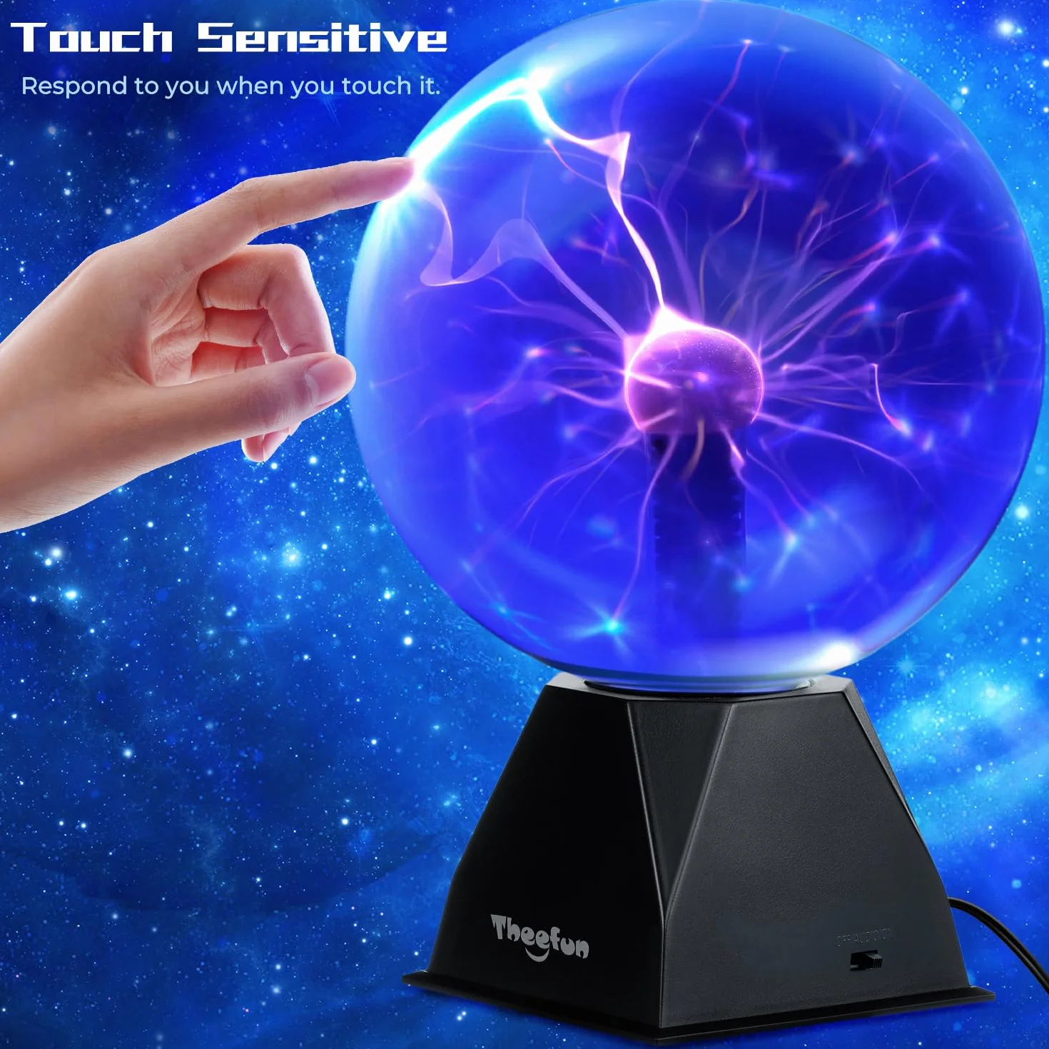 Theefun Kula plazmowa, magiczna kula plazmowa, świecąca kula elektrostatyczna, wrażliwa na dotyk, migająca, pedagogiczna lampa plazmowa, efekty świetlne, niebieska