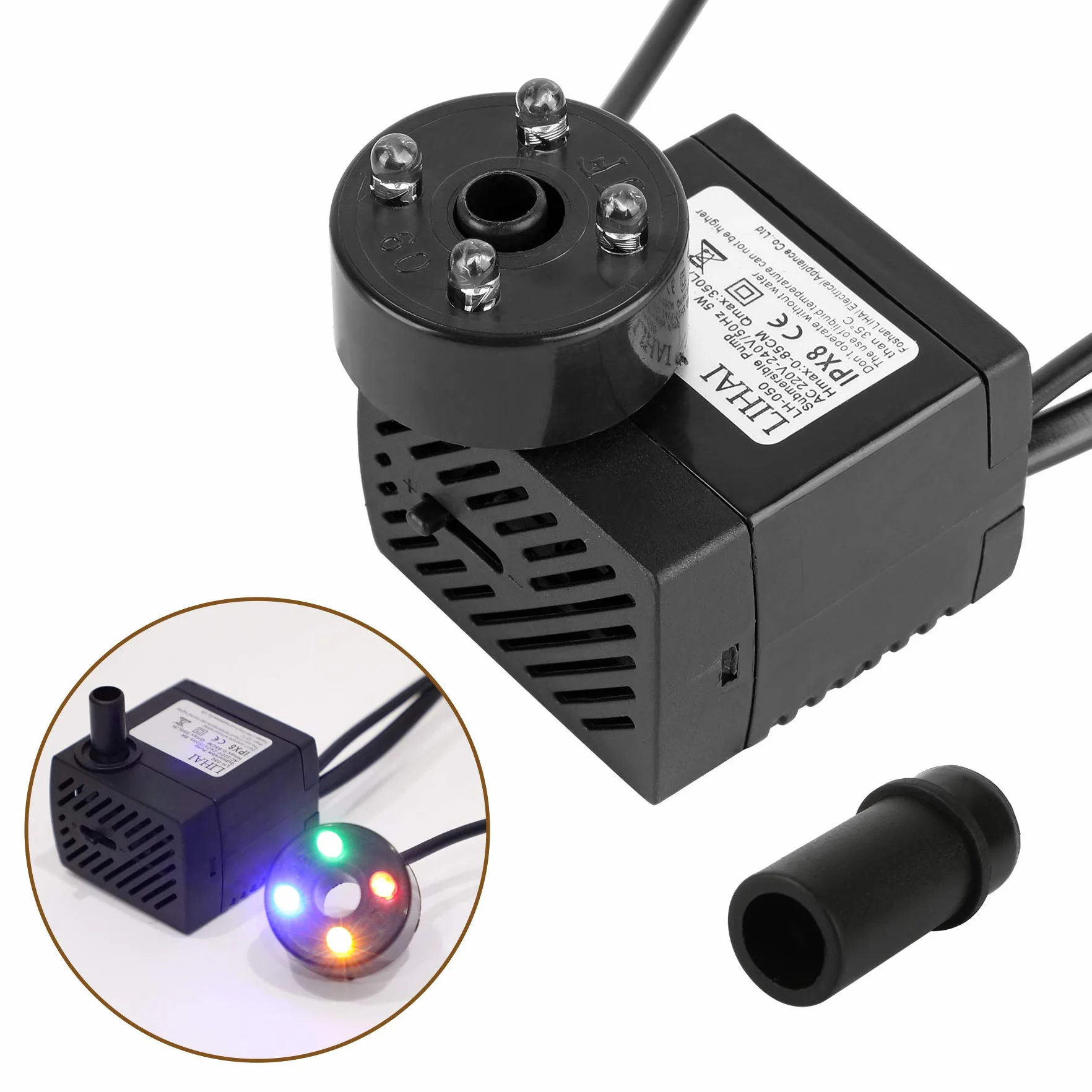 Mini pompa wodna z 4 diodami LED, 350 l/h, 3,5 W, do akwarium, pompa wodna do ogrodu, studni, ogrodu skalnego, pompa do akwarium, pompa zanurzeniowa, maks. wysokość tłoczenia 0,85 m