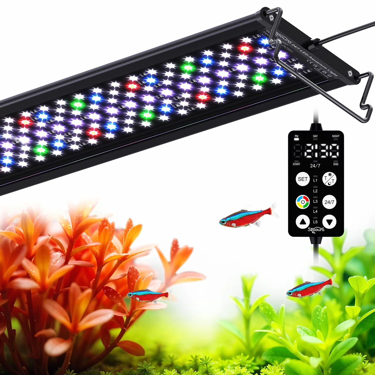 SEAOURA Światło akwariowe do akwarium, niestandardowy timer 24/7, pamięć wyłączania, 7-rzędowe diody LED 61-76 cm pełne spektrum światła do akwarium z ryb, 8 kolorów, 20 jasności, cykl dzienny i nocny