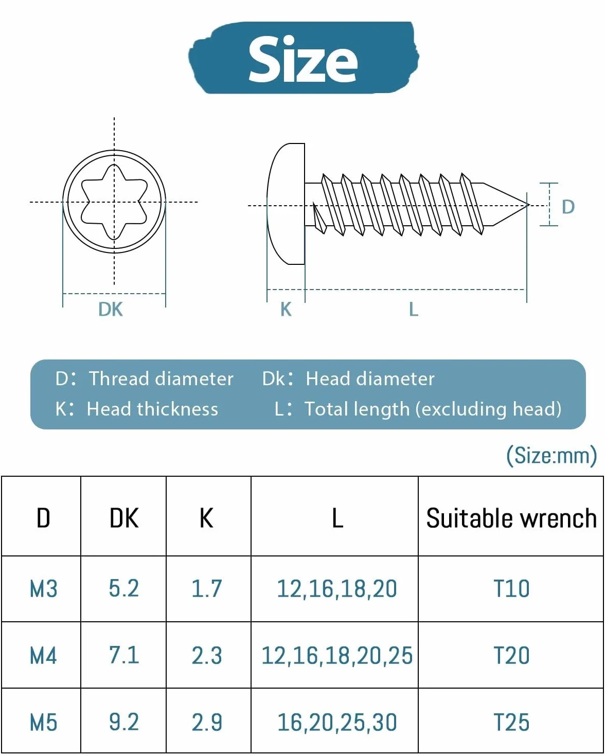 50 sztuk wkrętów do blachy, M4 x 16 mm, Leryati łeb płaski ze stali nierdzewnej z tarczą, śruby Torx, A2 V2A, wkręty do drewna, głowica soczewki, pełny gwint, śruby samogwintujące, śruby z łbem