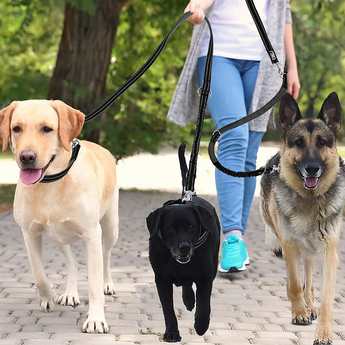 ETACCU Smycz do ćwiczeń z podwójną linką do ćwiczeń, 3 m, dla średnich psów do 50 kg, dużych psów, wytrzymała, antypoślizgowa rączka, bez plątania, odblaskowa (czarna)
