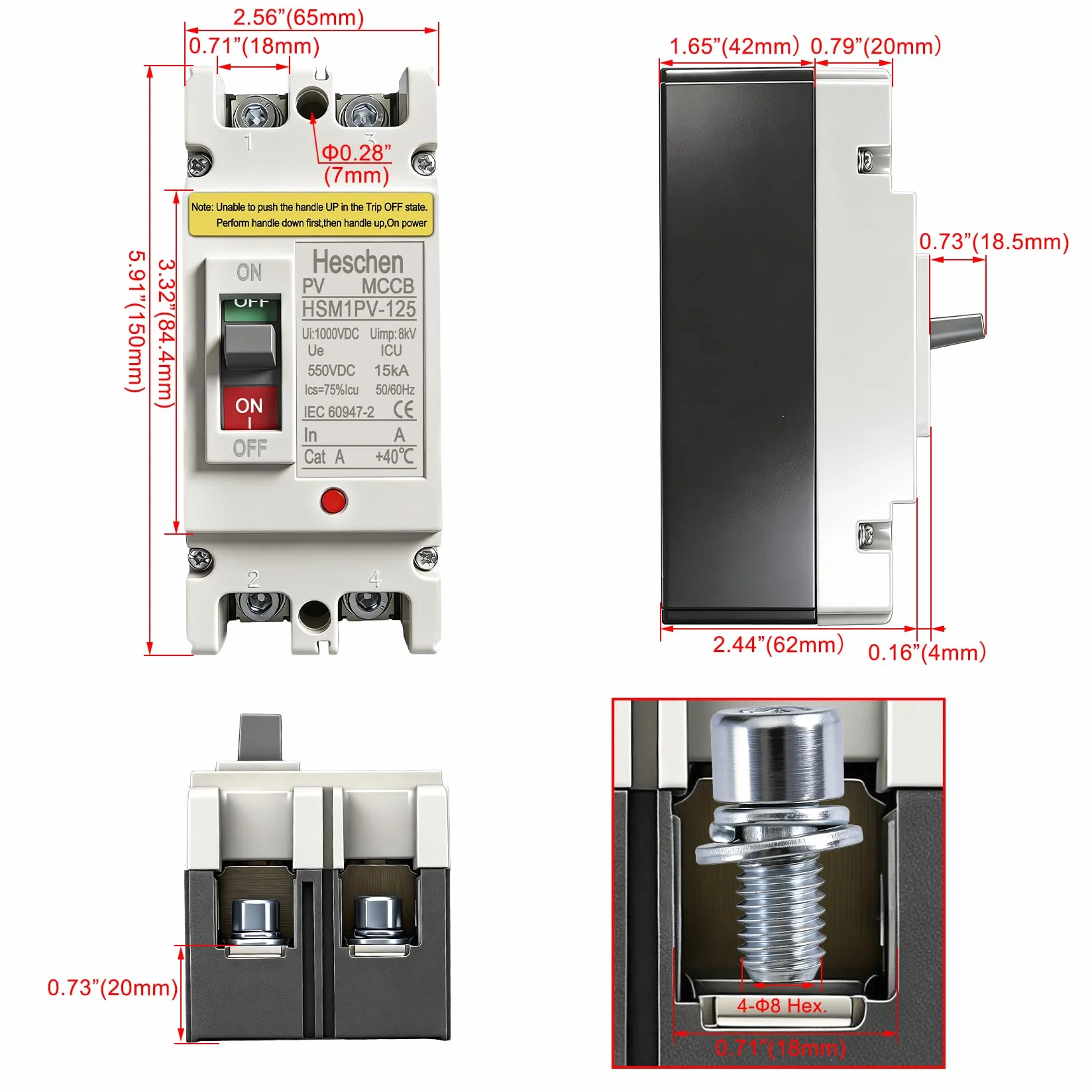 Heschen Wyłącznik DC MCCB, HSM1PV-125, 2-biegunowy, DC550V 63A, wyłącznik fotowoltaiczny, do instalacji solarnych PV modułów solarnych system sieciowy
