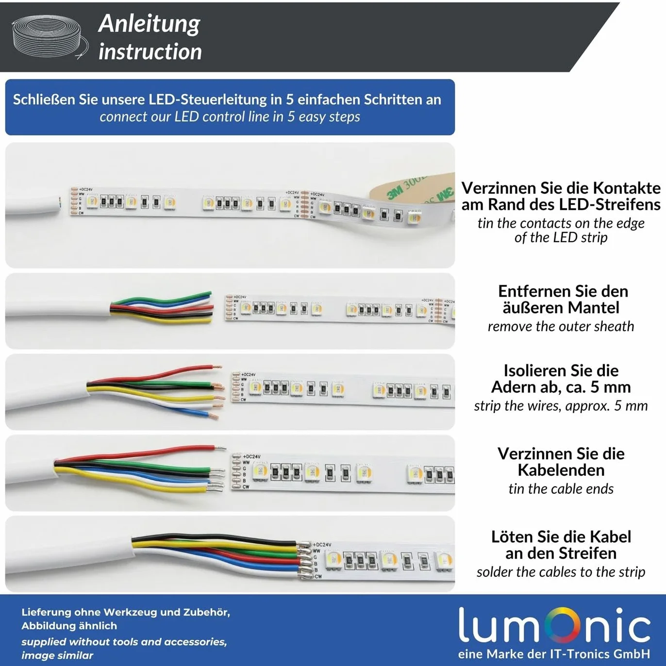 Lumonic 6x0,34mm² RGBW CCT LED Kabel sterujacy 10m | 6-zylowy elastyczny przewód w oslonie | LiYY Rozszerzenie, Kabel zasilajacy, Przewód zasilajacy LED, Kabel sterujacy