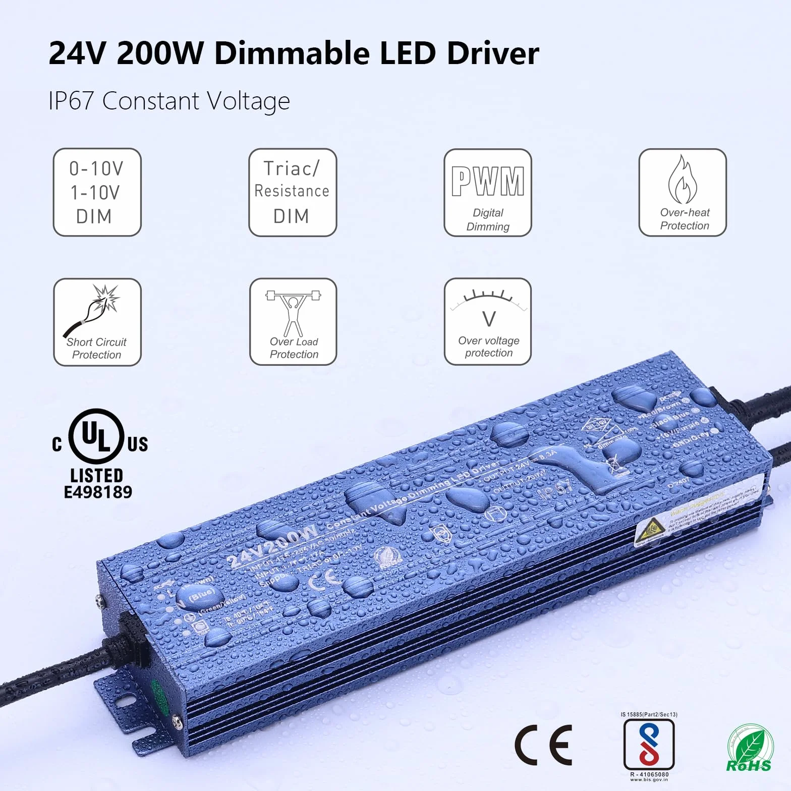 BENLUN Zasilacz LED stałe napięcie 24V Dimmable, Przetwornica 8,5A 200W, Dwustronne sterowanie TRIAC, Zasilacz wodoodporny IP67 do Taśma LED na zewnątrz