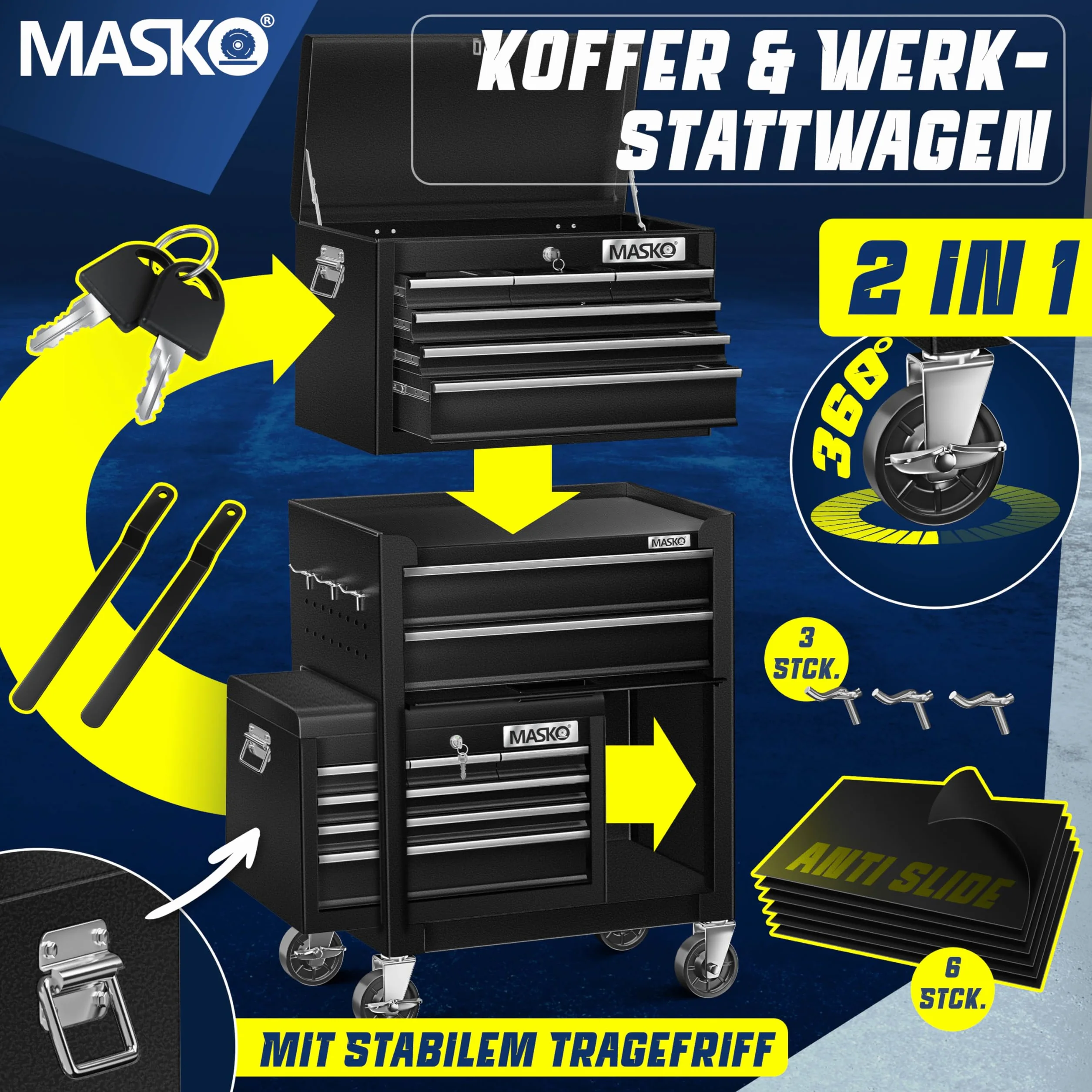 MASKO Wózek warsztatowy z walizką 9 przegródek zamykany metal czarny