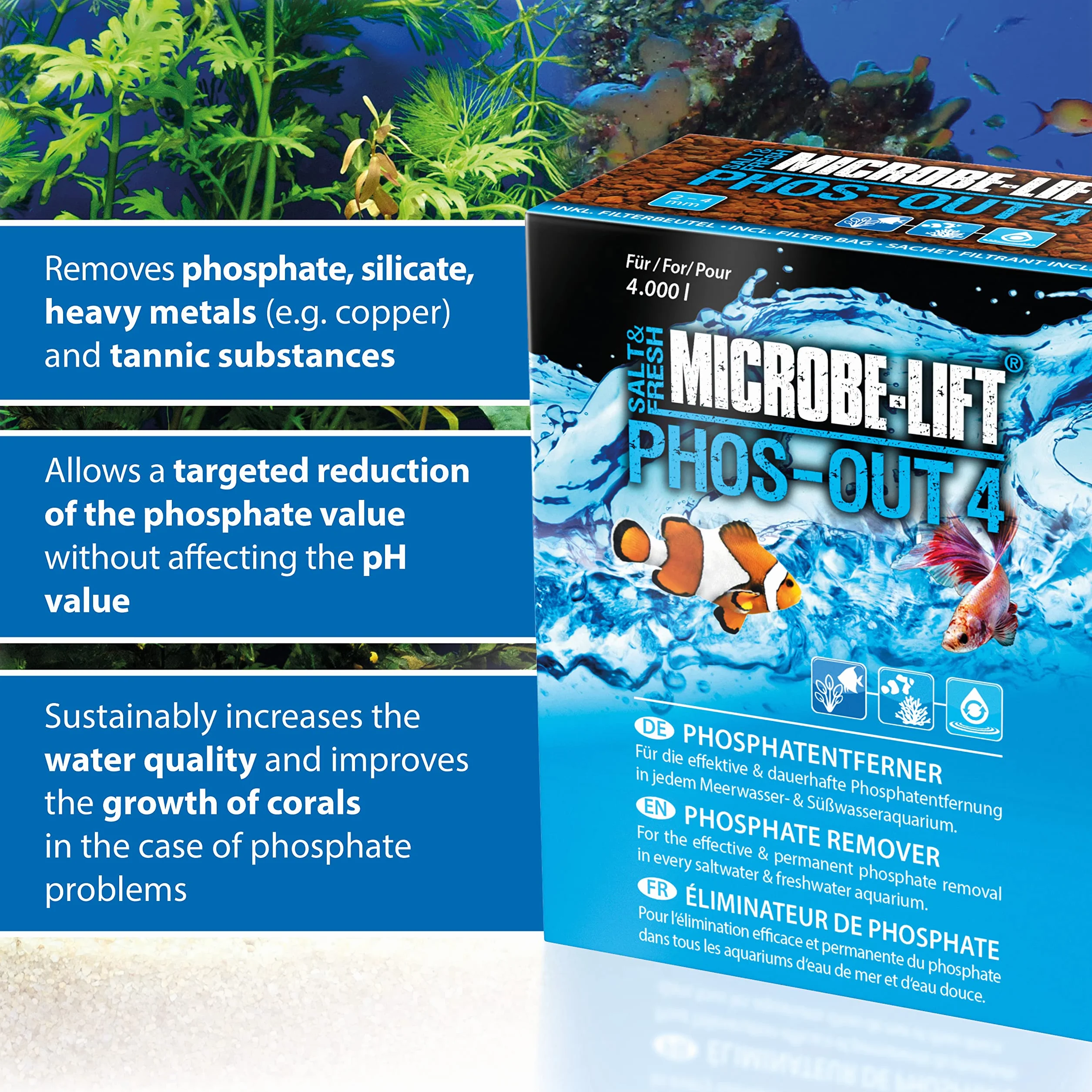 MICROBE-LIFT Phos-Out 4 medium filtracyjne - środek do usuwania fosforanów do wszystkich akwariów, usuwa fosforany, krzemiany, siarczki i substancje żółte, na bazie wodorotlenku żelaza, 312g