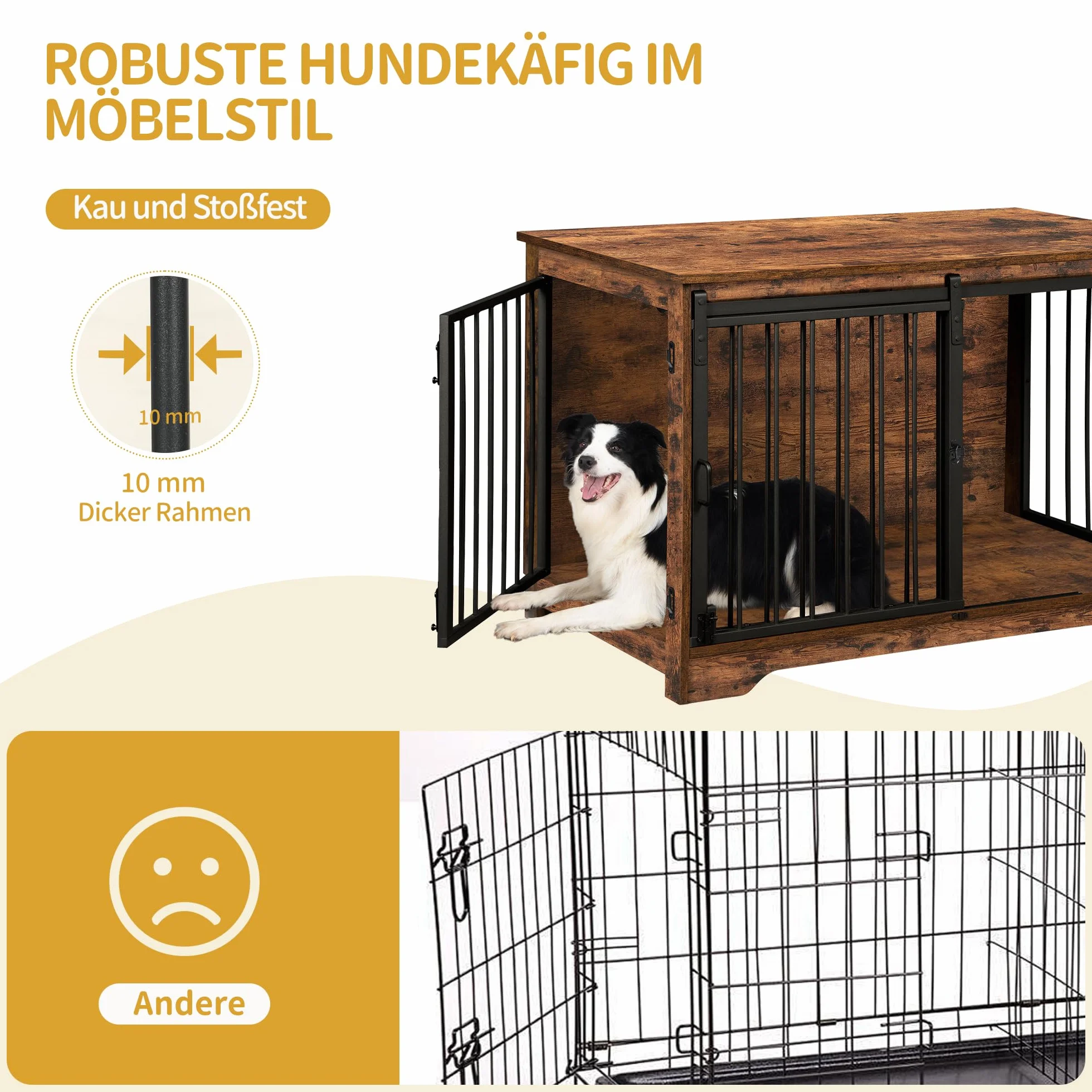 Hzuaneri 100cm Meble klatka dla psa, 2 drzwi, nowoczesna klatka dla psów, do użytku wewnątrz dla małych/średnich/dużych psów, stolik pomocniczy, 60 x 100 x 68 cm, Vintage Brązowy