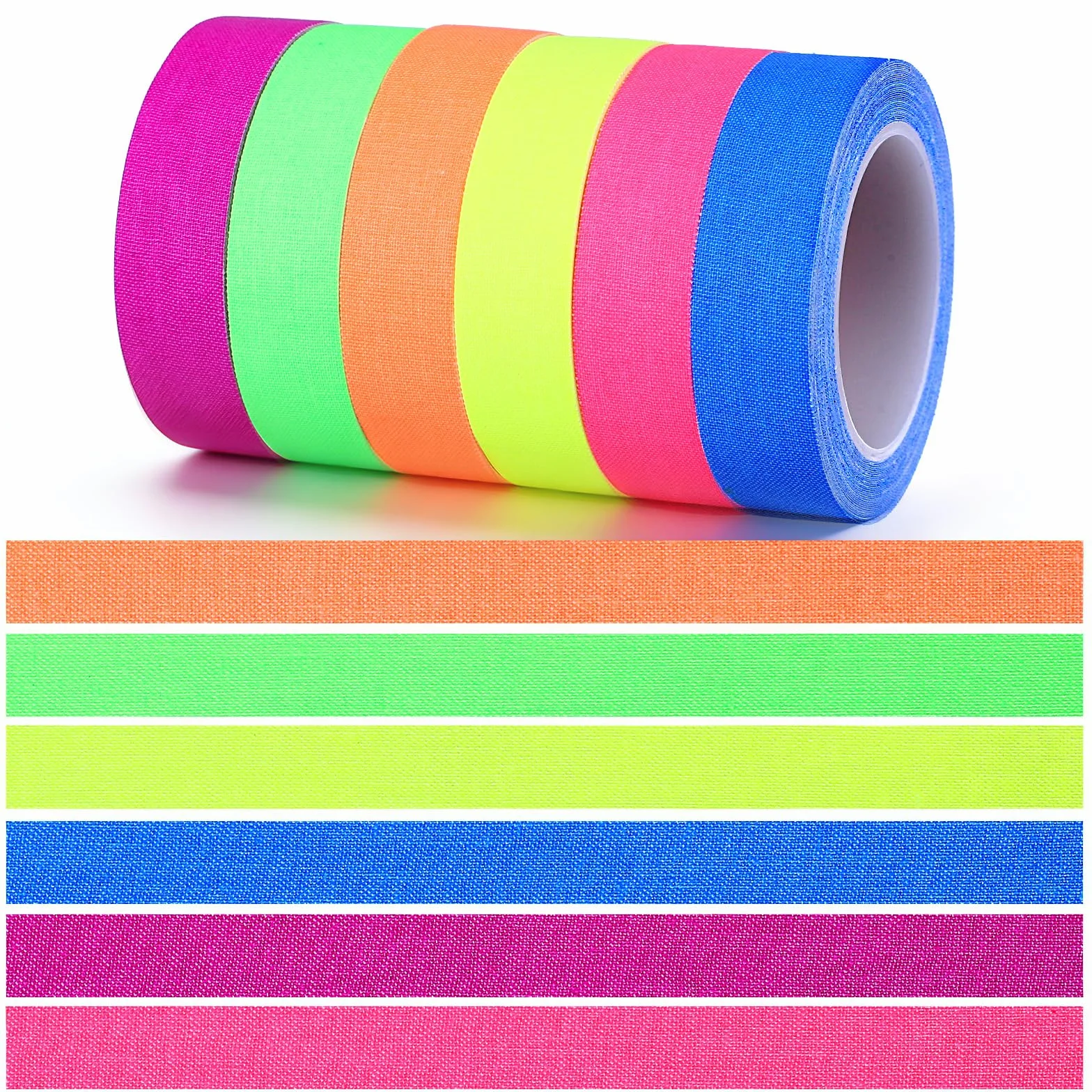 TIESOME 6 rolek neonowej taśmy klejącej, taśma fluorescencyjna UV, czarne światło, 1,5 cm x 5 m, taśma świetlna, dekoracja na imprezę i projekty artystyczne, 6 kolorów (niebieski, pomarańczowy, różowy