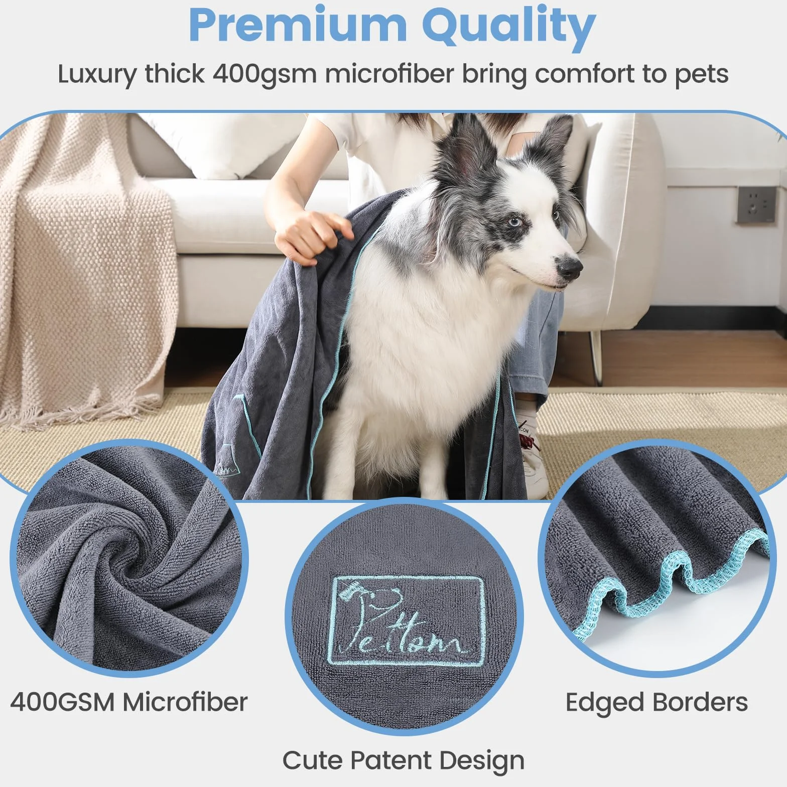 PETTOM 2 sztuki Ręcznik do suszenia dla psa z kieszenią na rękę 90x50 cm, bardzo chłonne ręczniki z mikrofibry dla psów, szczeniąt i kotów, ręcznik do kąpieli dla zwierząt domowych, można prać w