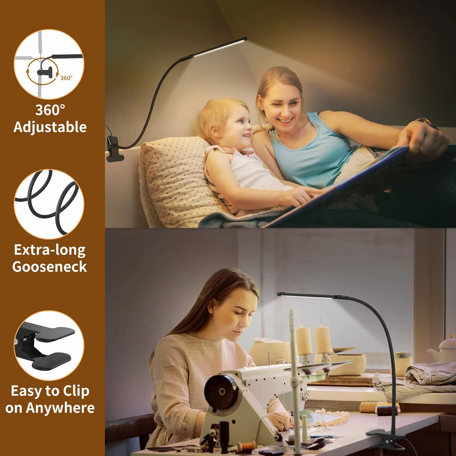 iZELL Lampka do Czytania LED z Klipsem - 3 Tryby Kolorów, 10 Poziomów Jasności, Elastyczna Lampa Książkowa z Gęsią Szyją dla Dzieci Czytających w Łóżku w Nocy, Klips do Stolika