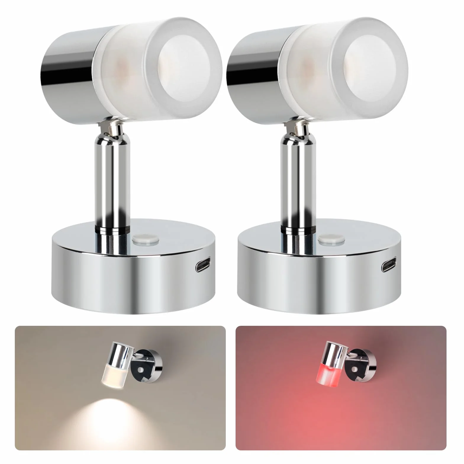 acegoo Lampa do czytania 12V, kamper nocny, ściemniana, obrotowa lampa ścienna LED z ładowarką USB C, matowy akrylowy abażur do kampera, DC 12-24V, chromowany