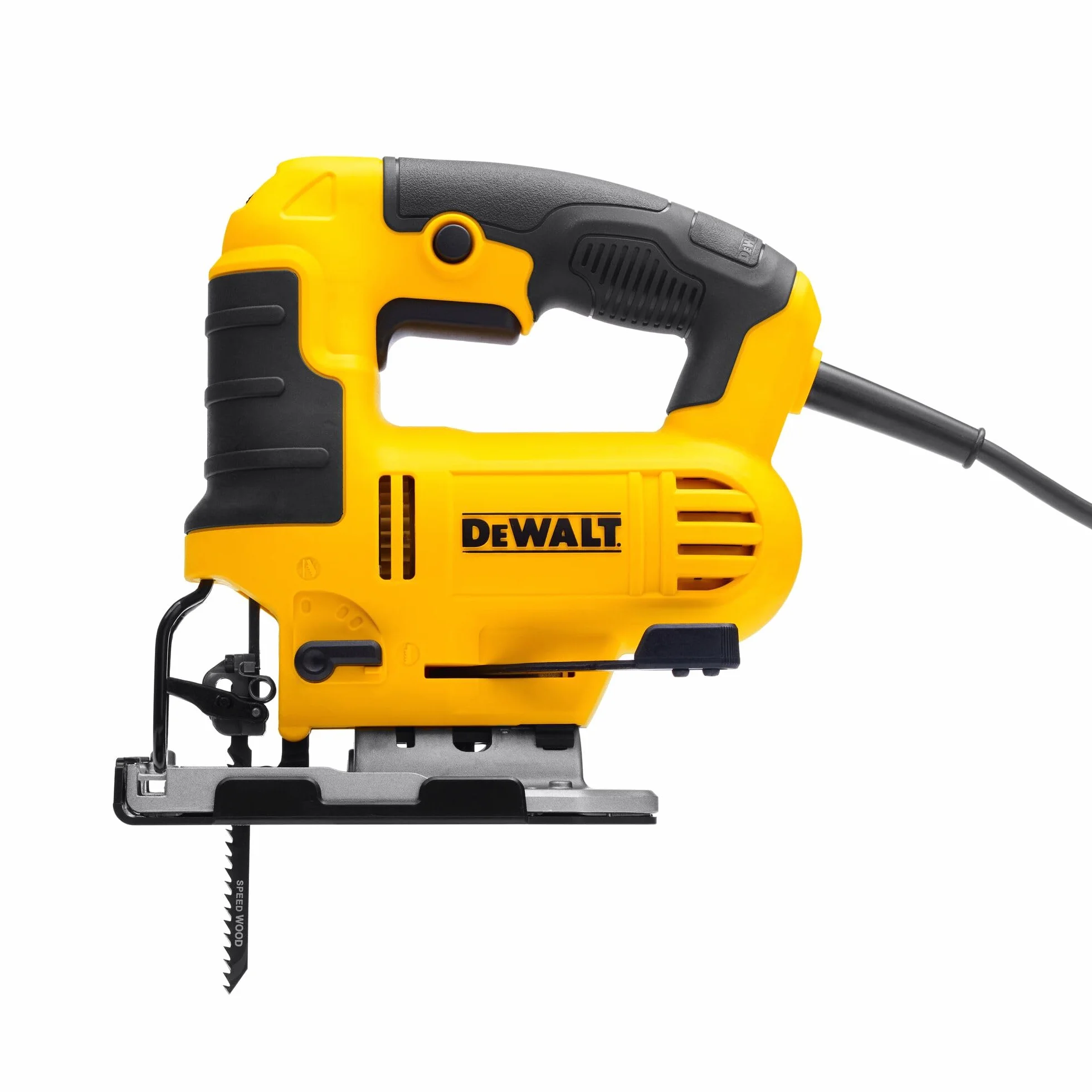 Dewalt Wyrzynarka wahadłowa 650 W DWE349 (3-krotny skok wahadłowy, z dmuchawą, wytrzymały aluminiowy but do piły, regulowany kąt nachylenia bez użycia narzędzi, w zestawie nakładka ochronna na but
