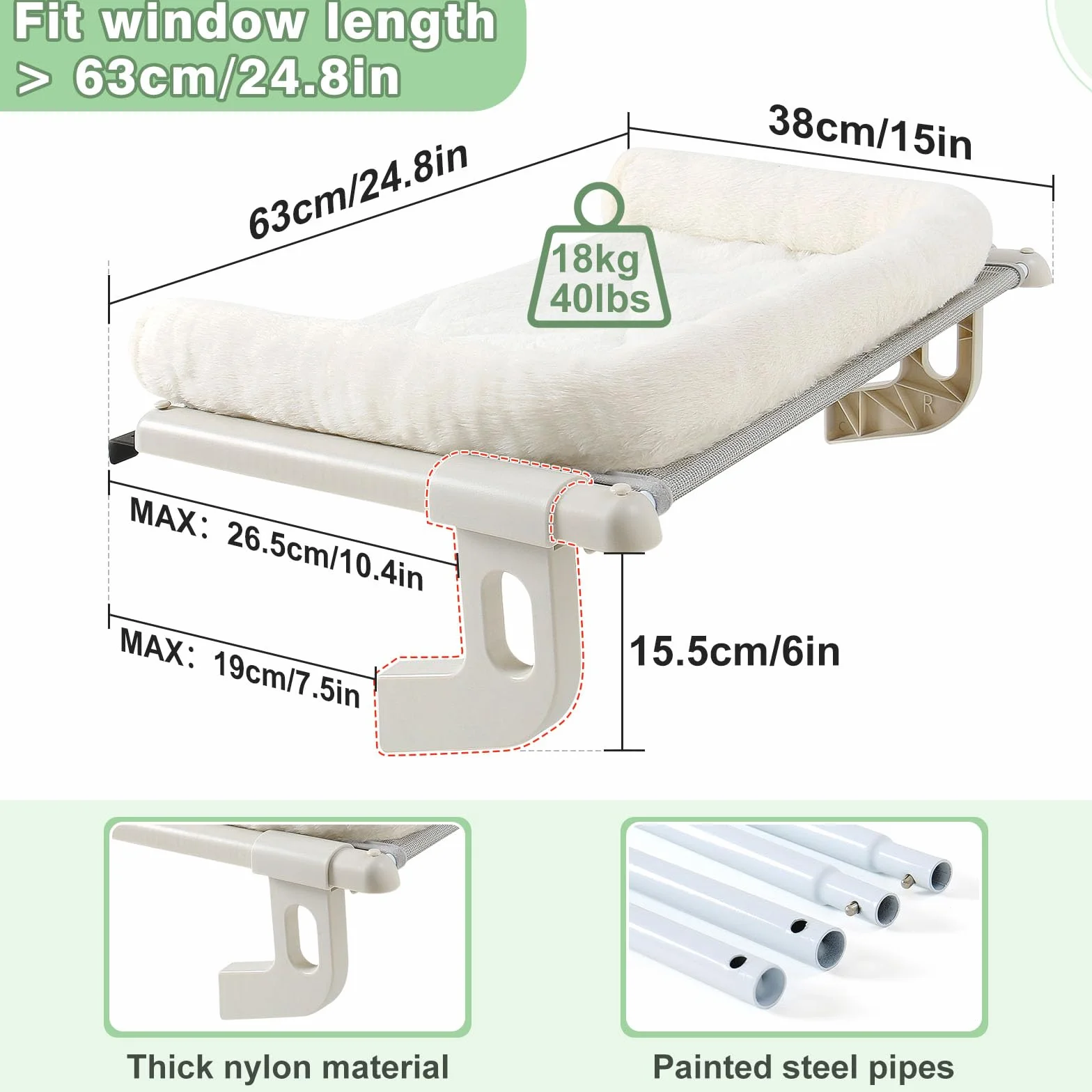 GUUSII HOME Hamak dla kota na okno Podwyższone legowisko parapetowe Wiszące posłanie dla dużych kotów Mocowanie bez wierlenia Można prać w pralce Nośność 18 kg 63x38 cm (biały, L)