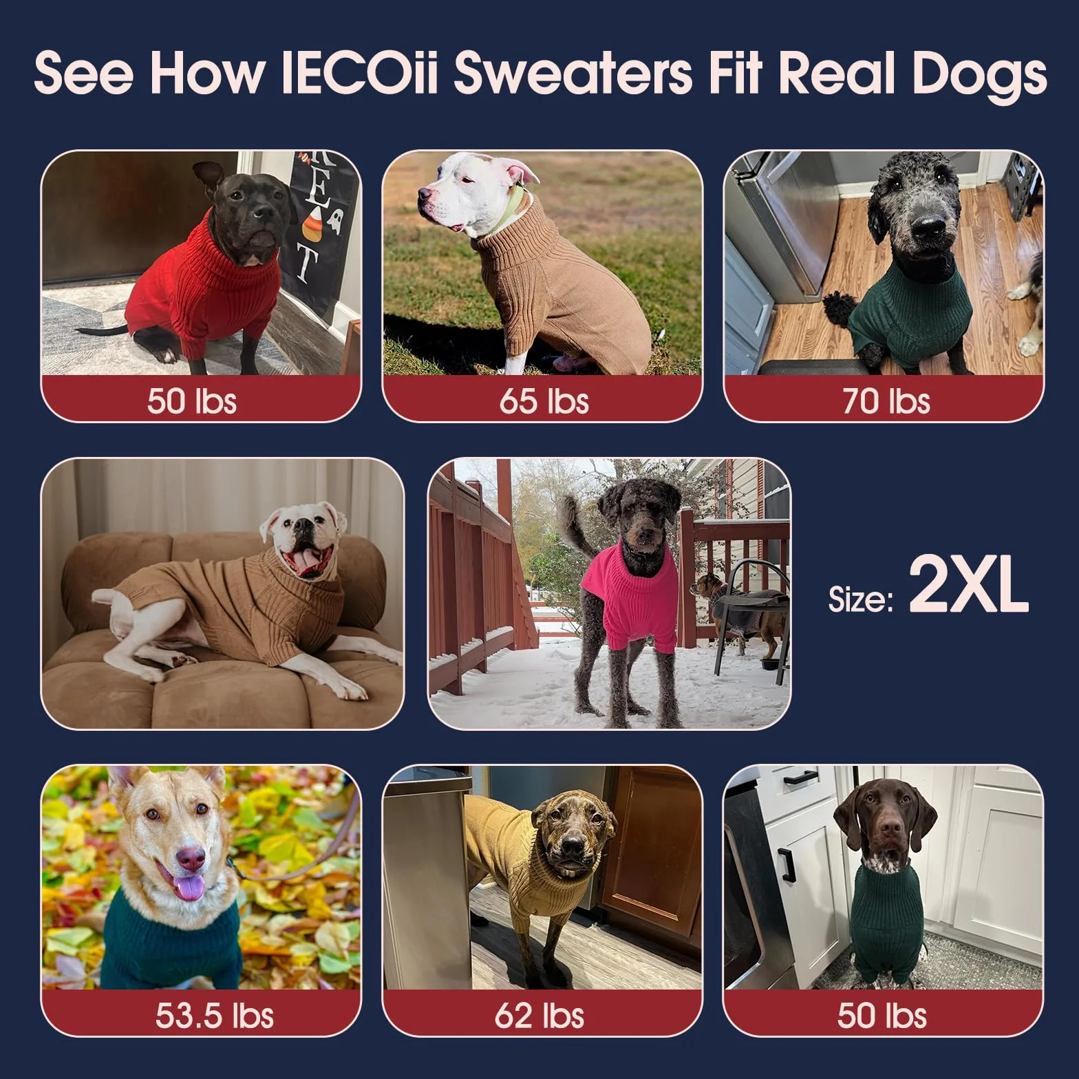 IECOii Sweter świąteczny dla psa, XXL, z długim rękawem, golf, dla bardzo dużych psów, chłopców, dziewczynek, strój na zimną pogodę, buldog angielski, ubrania na zimę