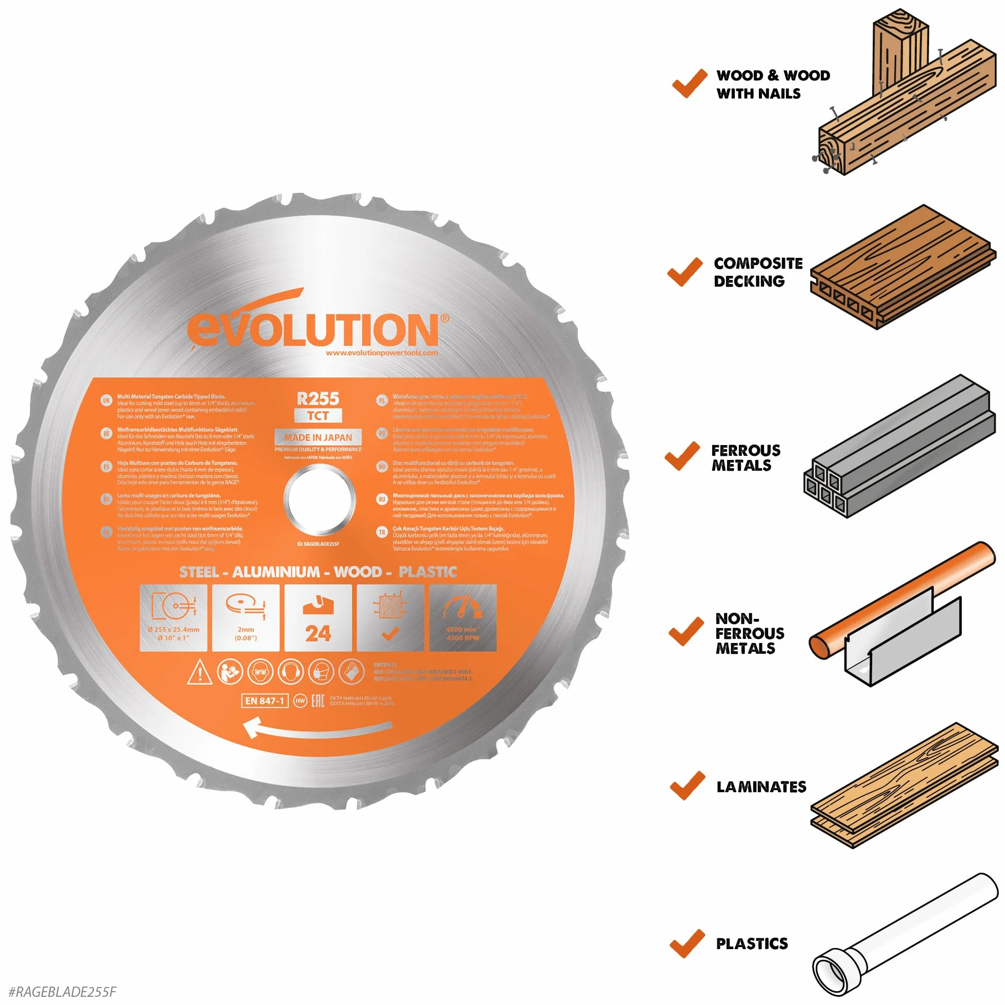 Evolution Power Tools Tarcza RAGEBLADE210MULTI (R210TCT) TCT do różnych materiałów, tnie drewno, metal, plastik i nie tylko, do użytku z ukośnicami, przecinarkami, 210 mm