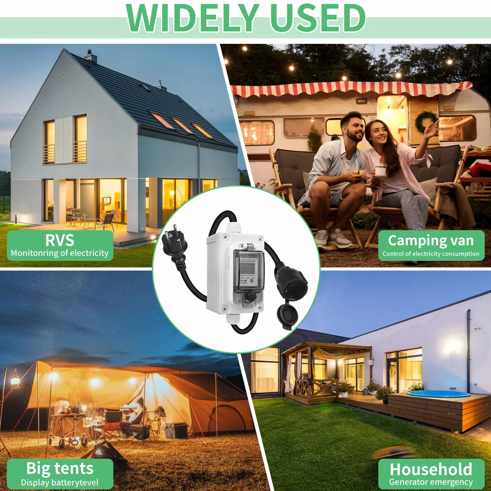 SWAWIS Mobilny cyfrowy licznik prądu 230 V, IP67, miernik zużycia prądu, mobilny, outdoorowy, KWH, gniazdko elektryczne z LED/resetem, miernik zużycia energii do samochodów kempingowych, pojazdów
