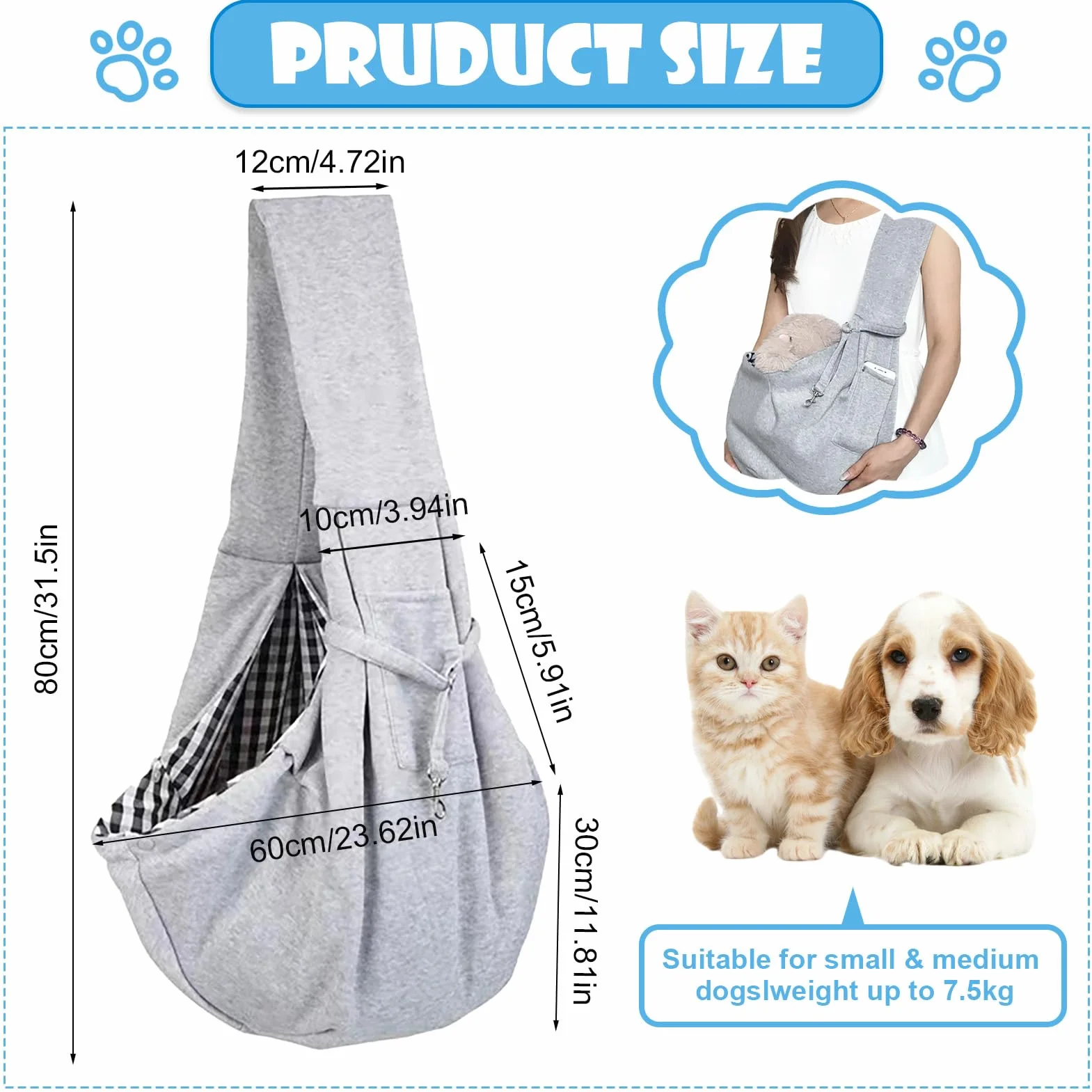 Torba do noszenia psa, udźwig do 7,5 kg, torba dla psa z regulacją, idealna na spacery, zajęcia na świeżym powietrzu i wycieczki na weekend