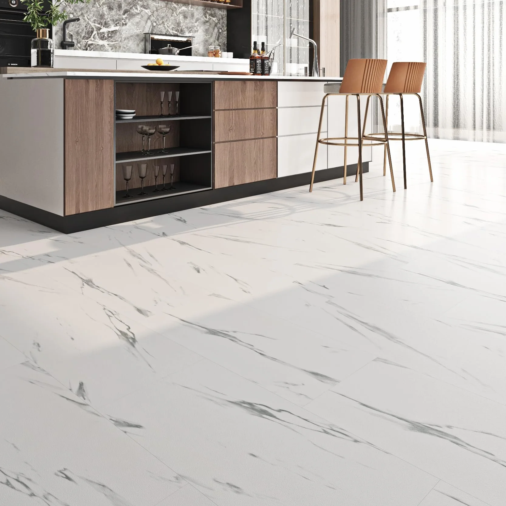 FunStick Samoprzylepna podłoga PCV Marble Look White 30×60CM 5 sztuk Płytki samoprzylepne Łazienka Płytki podłogowe Naklejki Kuchnia Winylowe płytki podłogowe Samoprzylepne marmurowe podłogi