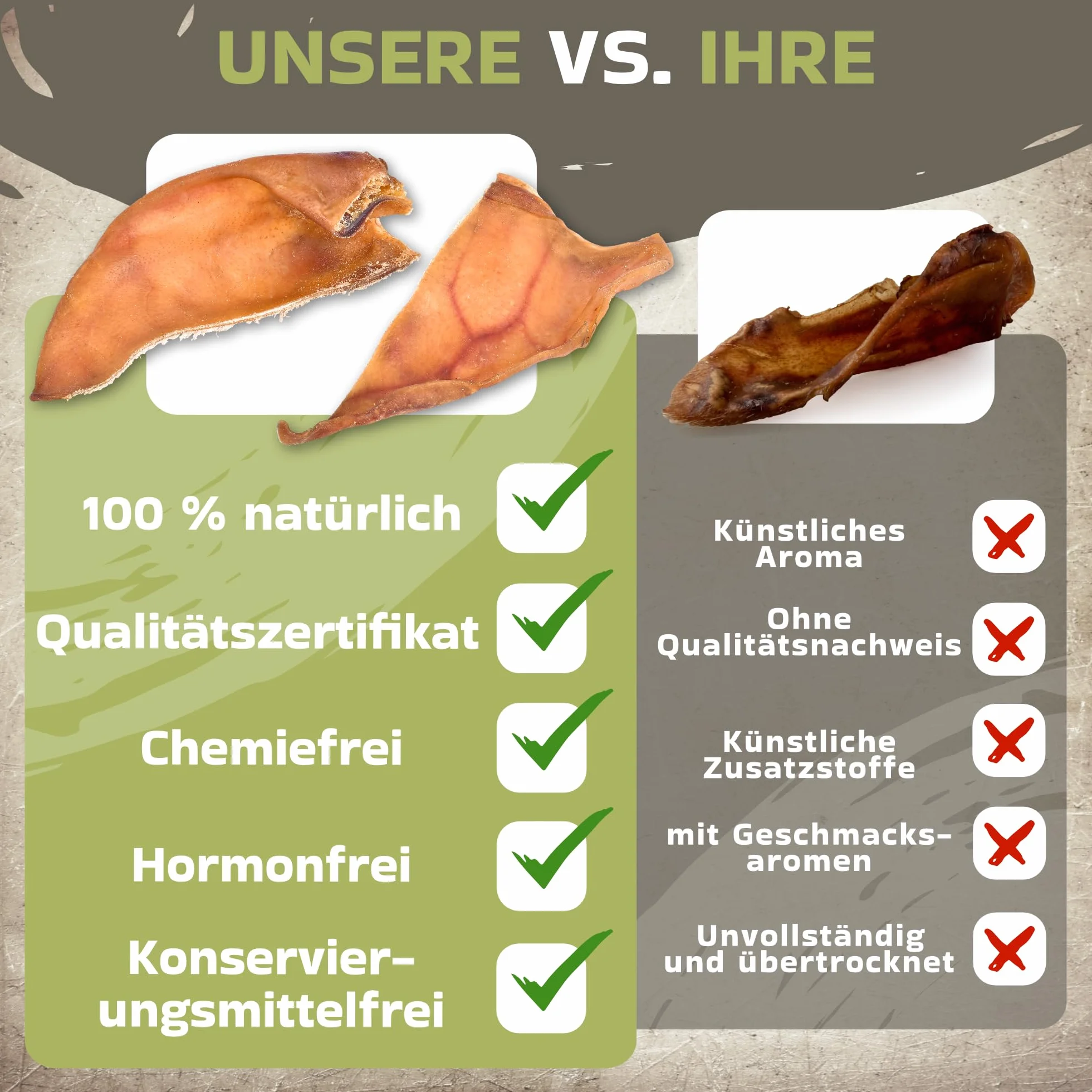Cięte uszy wieprzowe dla psów 500g (ok. 20-25 sztuk) | Całkowite suszone uszy wieprzowe do żucia | 100% naturalne | Długotrwały czas żucia | Bez zbóż | Idealne dla małych i dużych psów