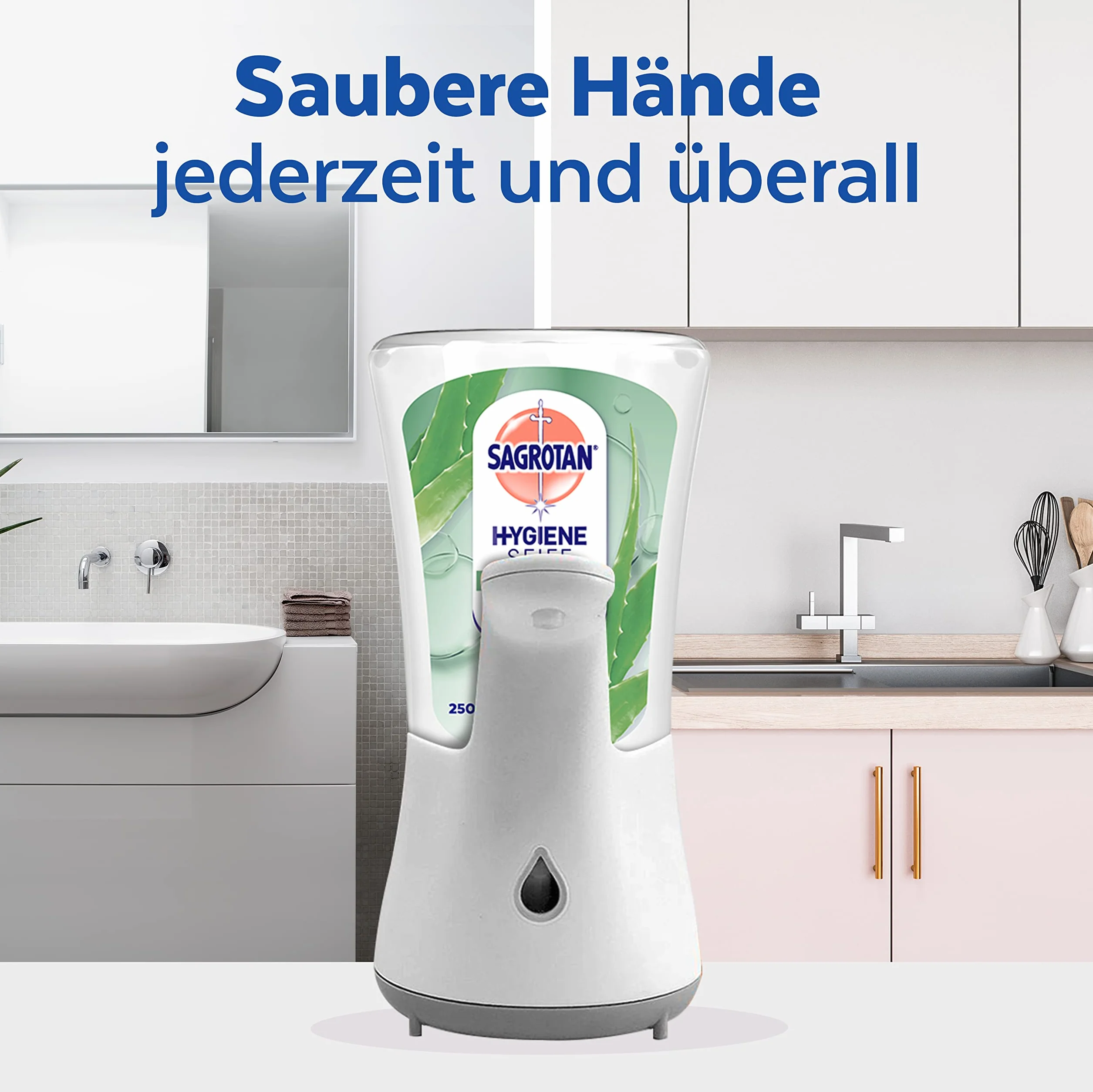 Sagrotan No-Touch automatyczny dozownik mydła, biały – opakowanie magazynowe – wraz z wkładami Sagrotan Aloe Vera – 2 x 250 ml mydła w płynie