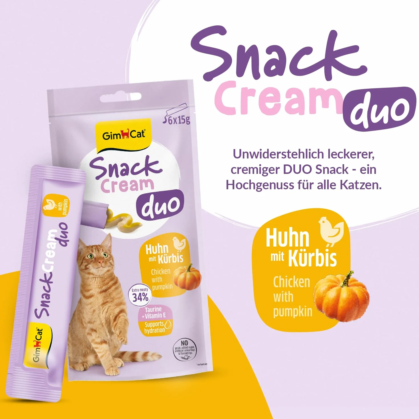 GimCat Snack Cream Duo kurczak i dynia – pyszny krem na przekąski dla kotów w praktycznych, pojedynczo zapakowanych porcjach – 6 sztuk (6 x 15 g)