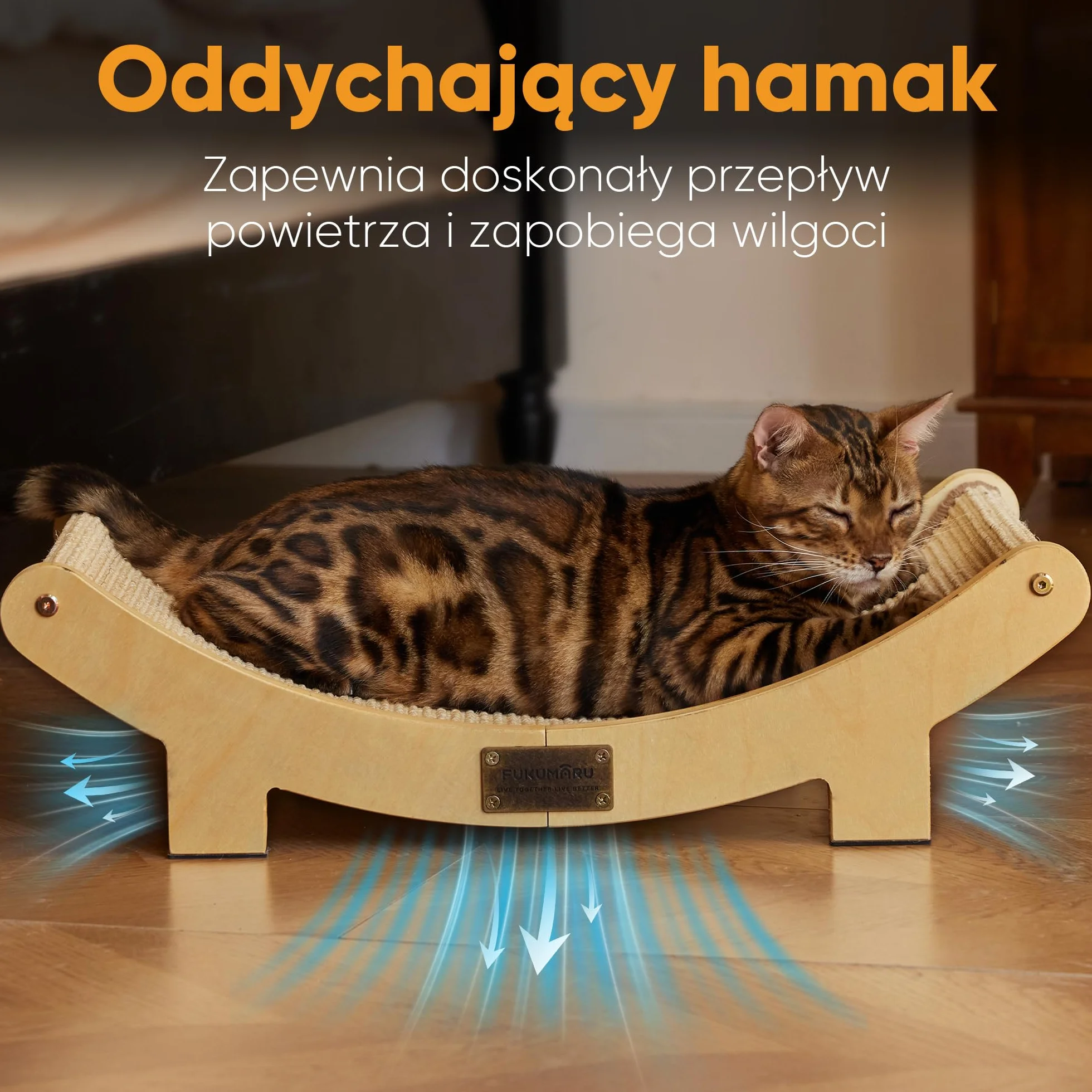 FUKUMARU Legowisko do drapania dla kota, 60 cm Trwałe łóżko do drapania dla kotów do użytku wewnętrznego, 100% naturalny hamak sizalowy, rama z litego drewna do spania i ozdabiania paznokci (beżowy)