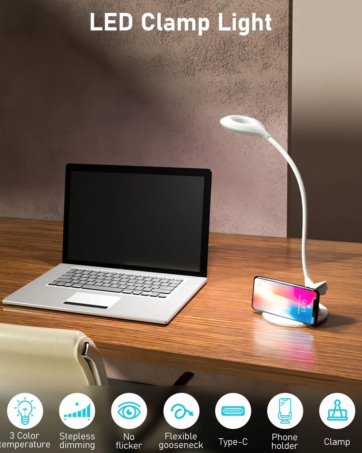 Lampka Zaciskowa Libtit – Dotykowa, 3 Tryby Pracy, Ładowana przez USB, Lampa do Czytania Książek i Ochrona Oczu