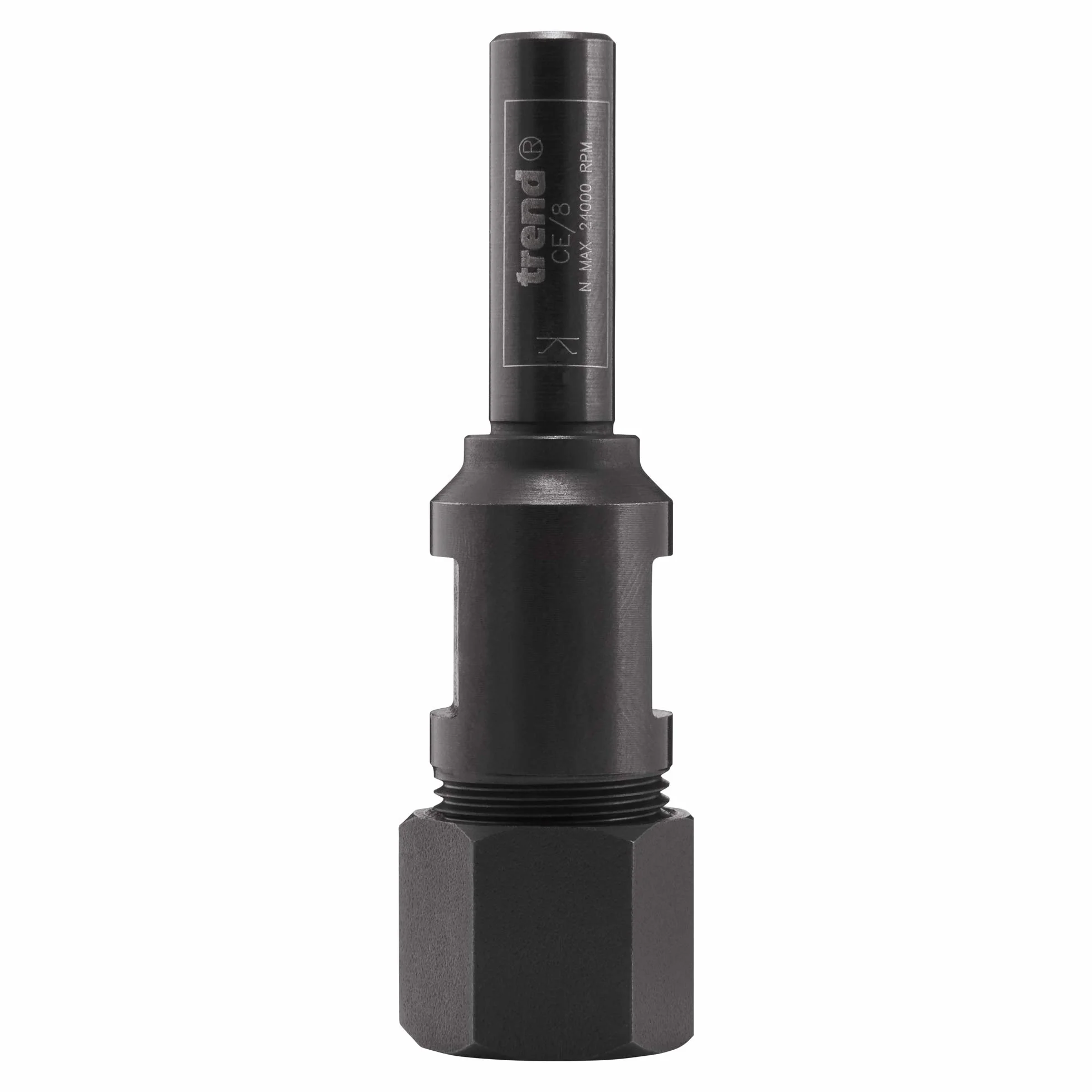 Trend Przedłużenie trzpienia 8 mm Chwyt 8 mm Tuleja zaciskowa, Do stosowania w stołach frezarskich, gdzie dostępna jest ograniczona długość trzpienia frezów górnowrzecionowych, CE/88