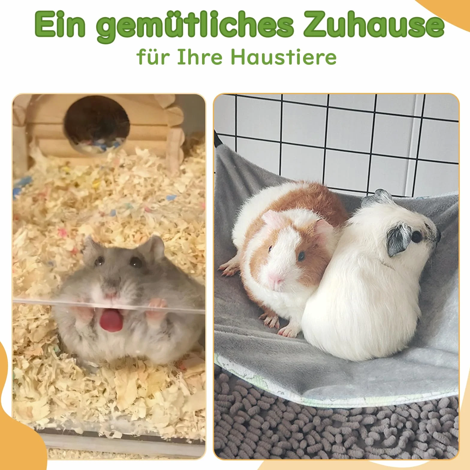 Yootiko Hamak dla świnki morskiej, 28 x 28 cm, szary i zielony, letni hamak dla chomików, królików i małych zwierząt domowych, akcesoria do klatki, 2 sztuki