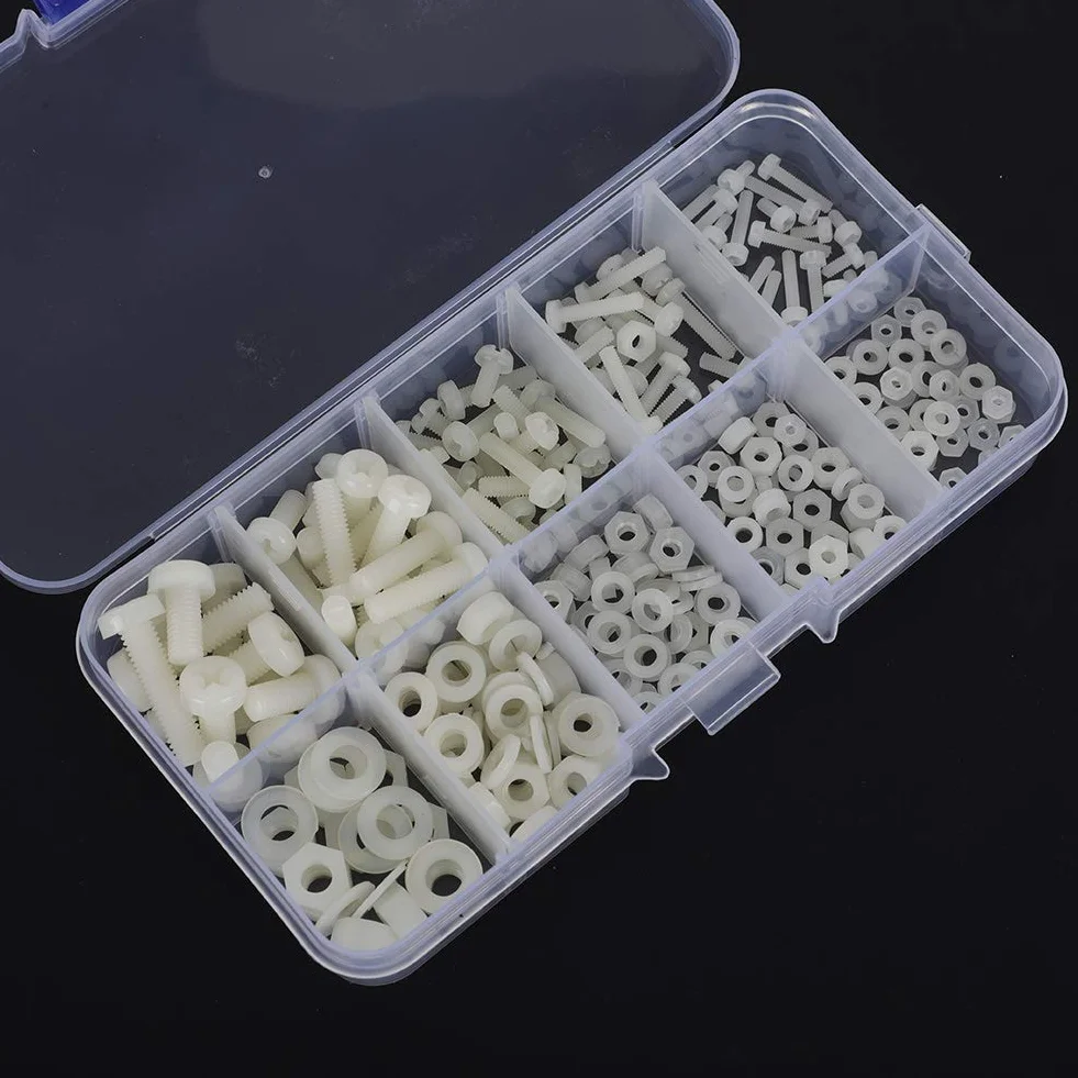 Nylonowe Plastikowe śruby M2, M2,5, M3, M4, M5 Asortyment Nakrętek i Podkładek z Przezroczystym Pudełkiem do Przechowywania, 270 szt. (Biały 270-częściowy zestaw śrub nylonowych)