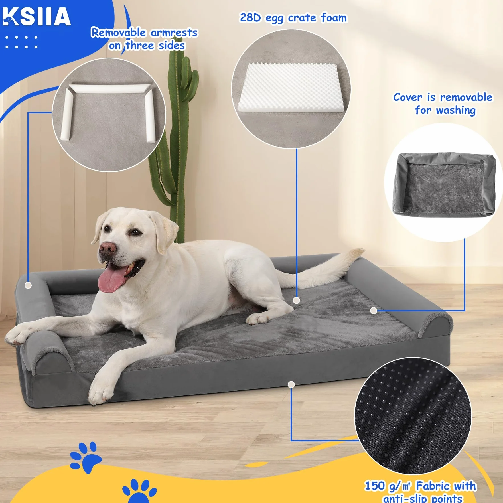 KSIIA Legowisko dla dużych psów ortopedyczne, Łóżko dla psa, poduszka dla psa 121x76x18cm zdejmowana sofa dla psa, zmywalne antypoślizgowe, XXL Szary