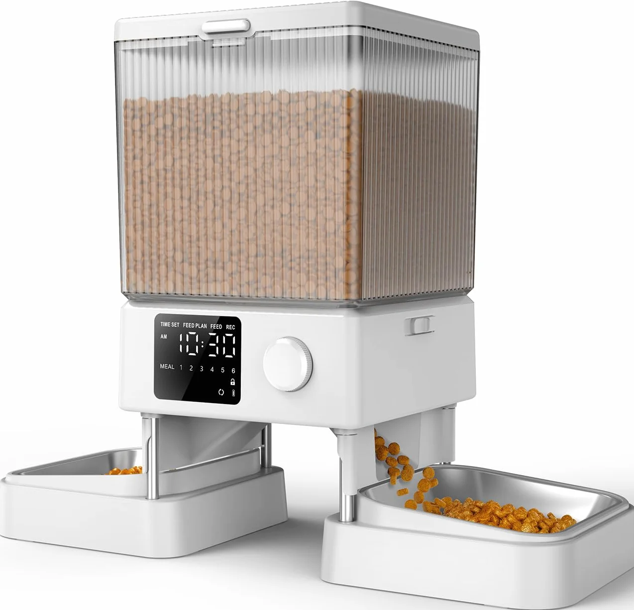oneisall 5L Automat do karmienia kotów 2 miseczki, Automat do karmienia kotów jednym przyciskiem, Łatwa obsługa, Podajnik dla kotów/psów, ze stalowymi miseczkami, Nagrywarka głosowa, biały