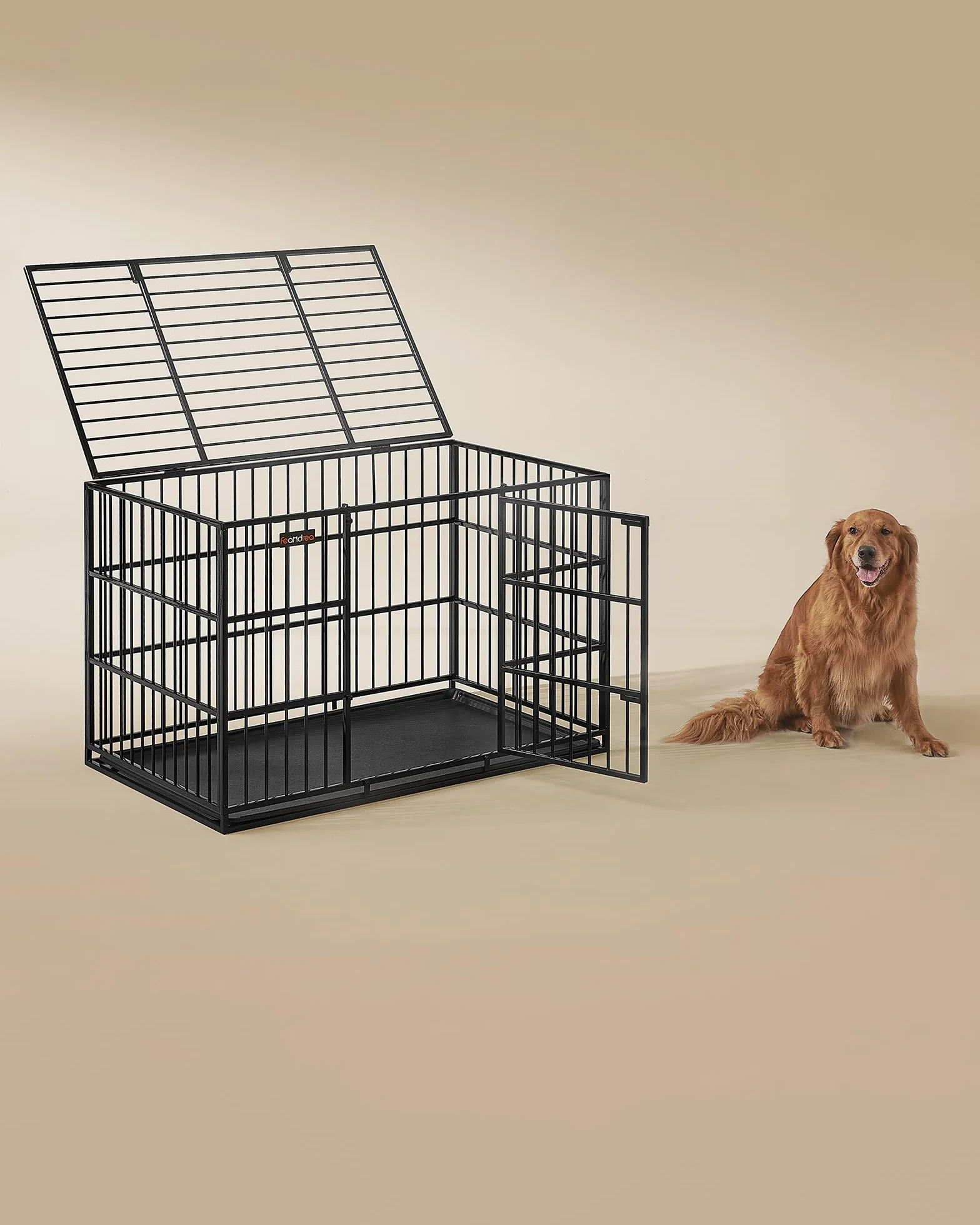 Feandrea Klatka dla psa Heavy-Duty, 122 x 75 x 80 cm, dla dużych psów, z wyjmowaną podłogą, podwójnymi drzwiami, łatwa do czyszczenia, kolor czarny atramentowy PPD006B01