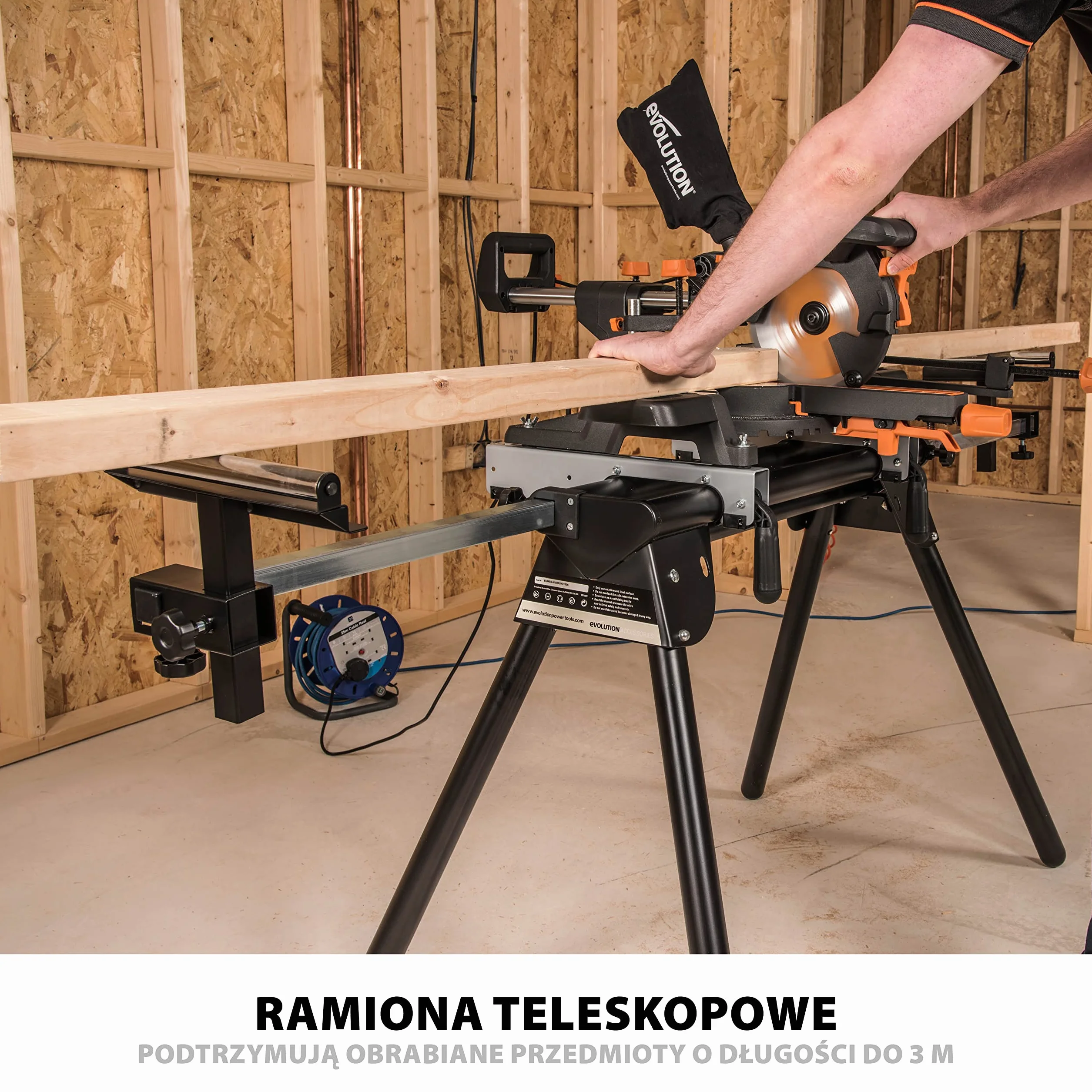 Evolution Power Tools Stojak do ukośnicy EVOMS1 – uniwersalny, kompaktowy, składany stojak z wysuwanymi ramionami. Pasuje do ukośnic Evolution, Makita, DeWalt, Bosch, Ryobi, Einhell i Metabo