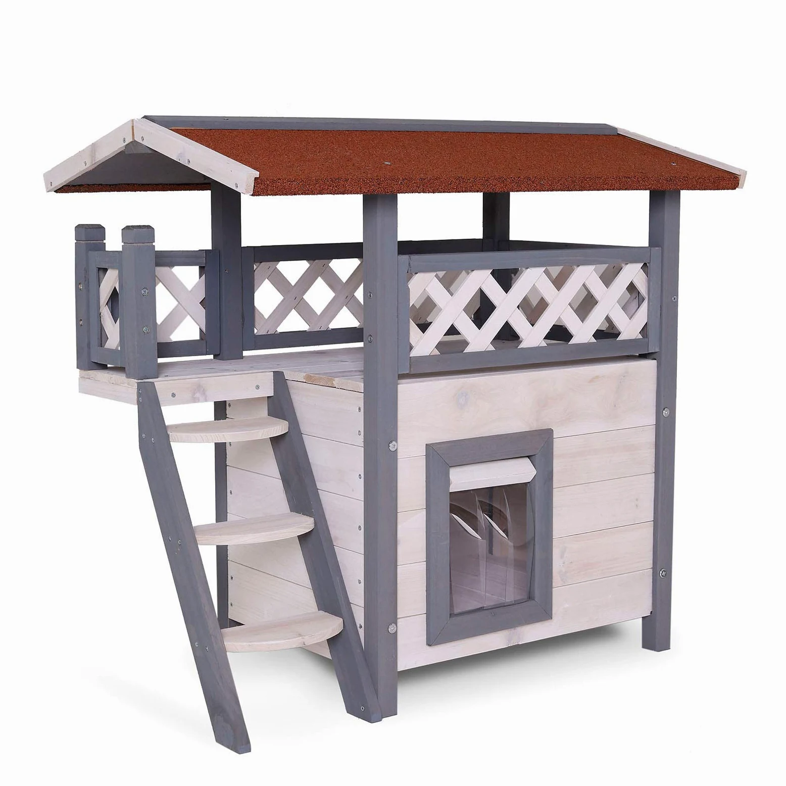 Lionto Altana ogrodowa dla kota z drewna 77x50x73 cm, taras, schodki, listwy PVC, szaro-biała