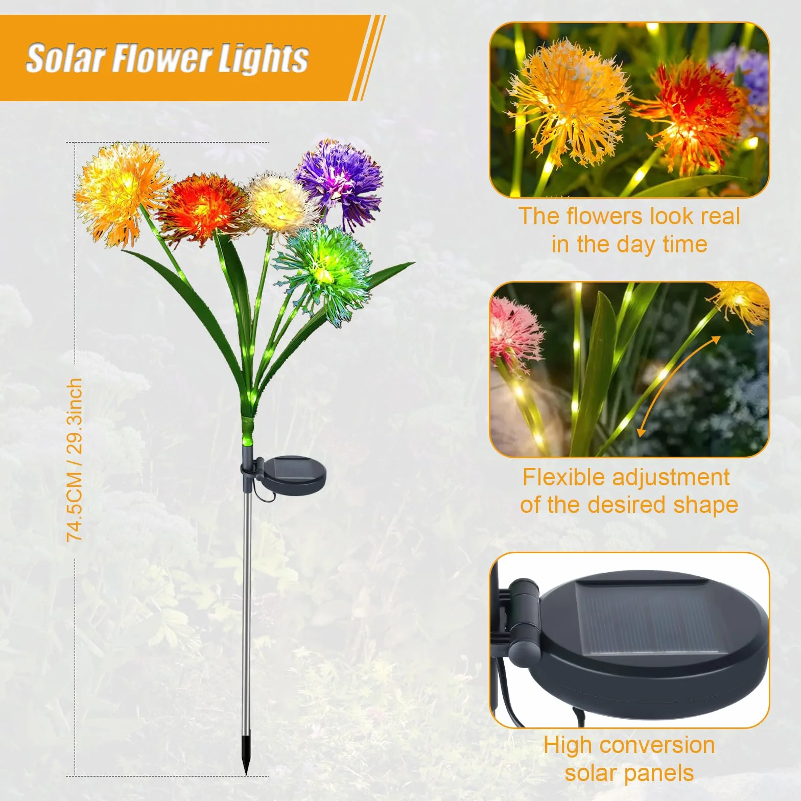 Lampy solarne do ogrodu, 2 sztuki, dmuchawiec, 50 diod LED, dekoracja ogrodowa, 2 tryby pracy, IP65, wodoszczelna lampa solarna w kwiaty, do użytku na zewnątrz, na trawnik, balkon, taras, podwórko,