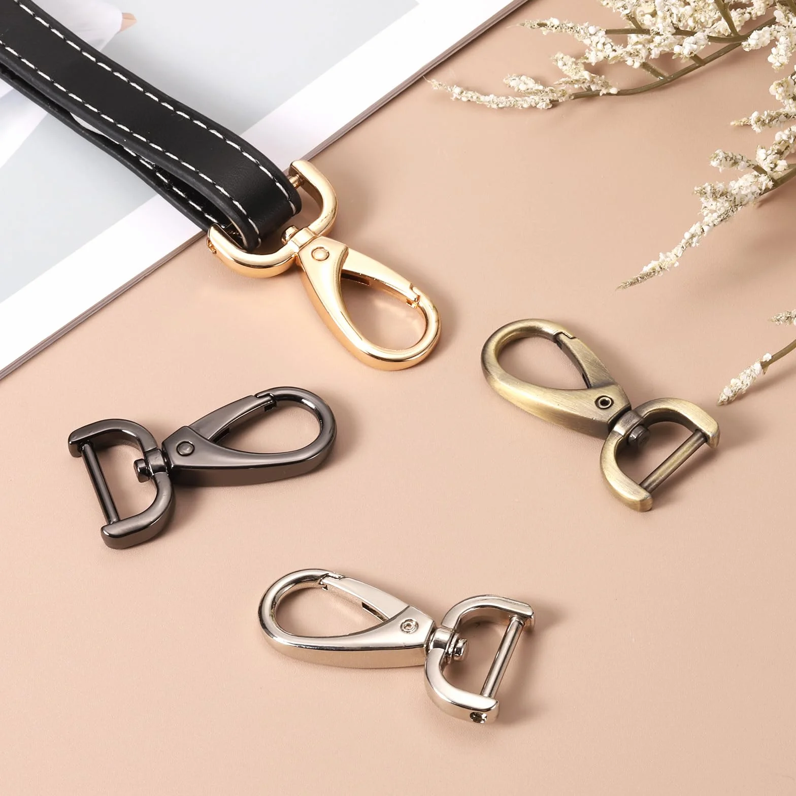 QUARKZMAN 2 sztuki 32 mm D-ring zdejmowany karabińczyk obrotowy z klamrą przesuwną zamknięciem homara do paska torby, breloczka do kluczy, torby, rękodzieła DIY (jasne złoto)