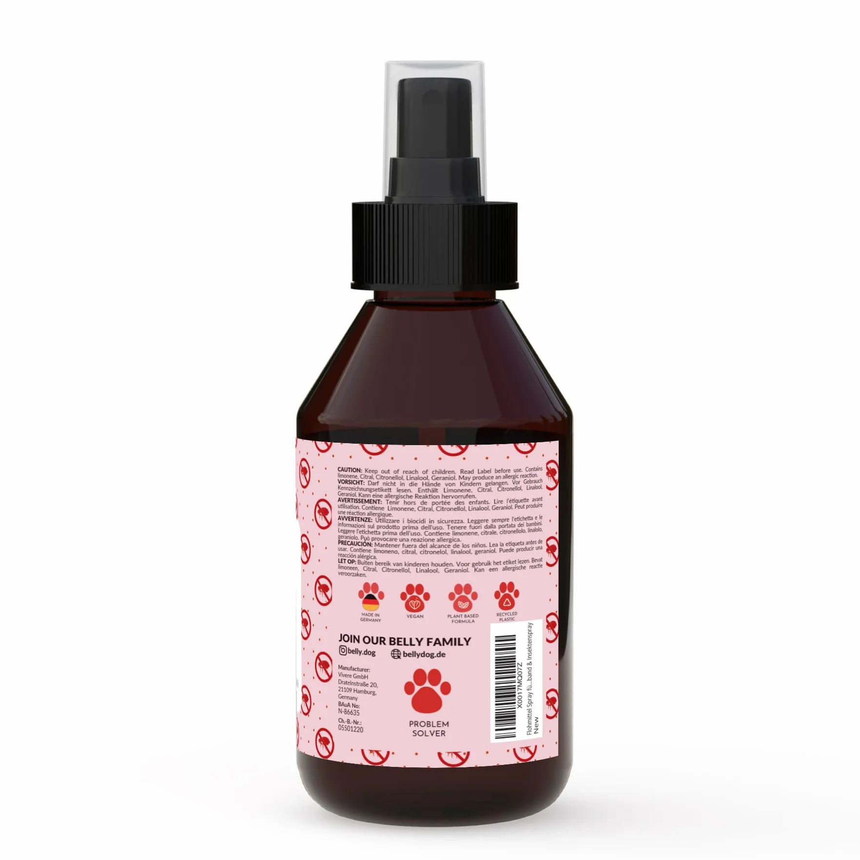 Belly Spray przeciw pchłom, 250 ml, bez plam i pozostałości, domowy spray przeciw pchłom z lawendą, geranium, olejem arganowym, chroni pchły, kleszcze i komary - Wegański - Wyprodukowano w Niemczech